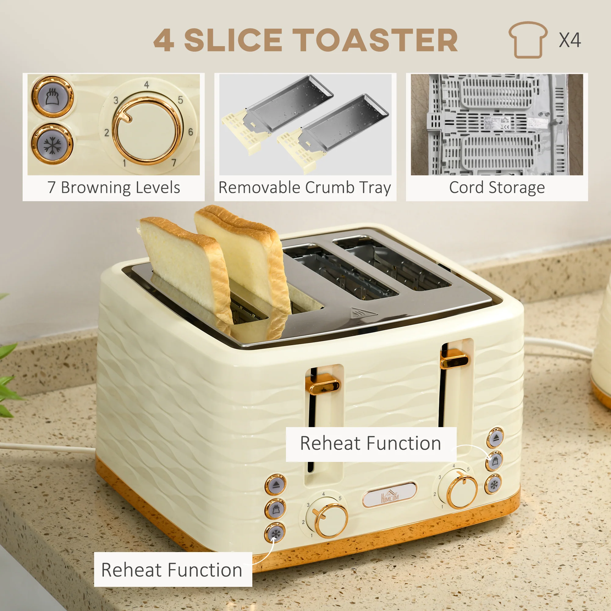 HOMCOM Kettle and Toaster Set 1.7L Rapid Boil Kettle & 4 Slice Toaster Beige - Image 4