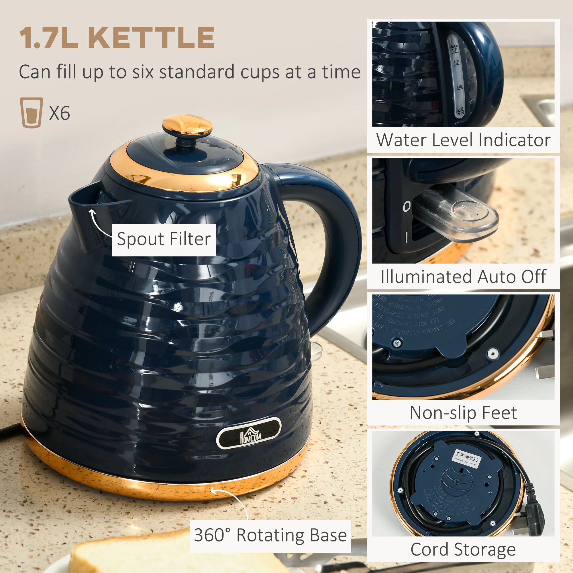 HOMCOM Kettle and Toaster Set 1.7L Rapid Boil Kettle & 4 Slice Toaster Blue - Image 3