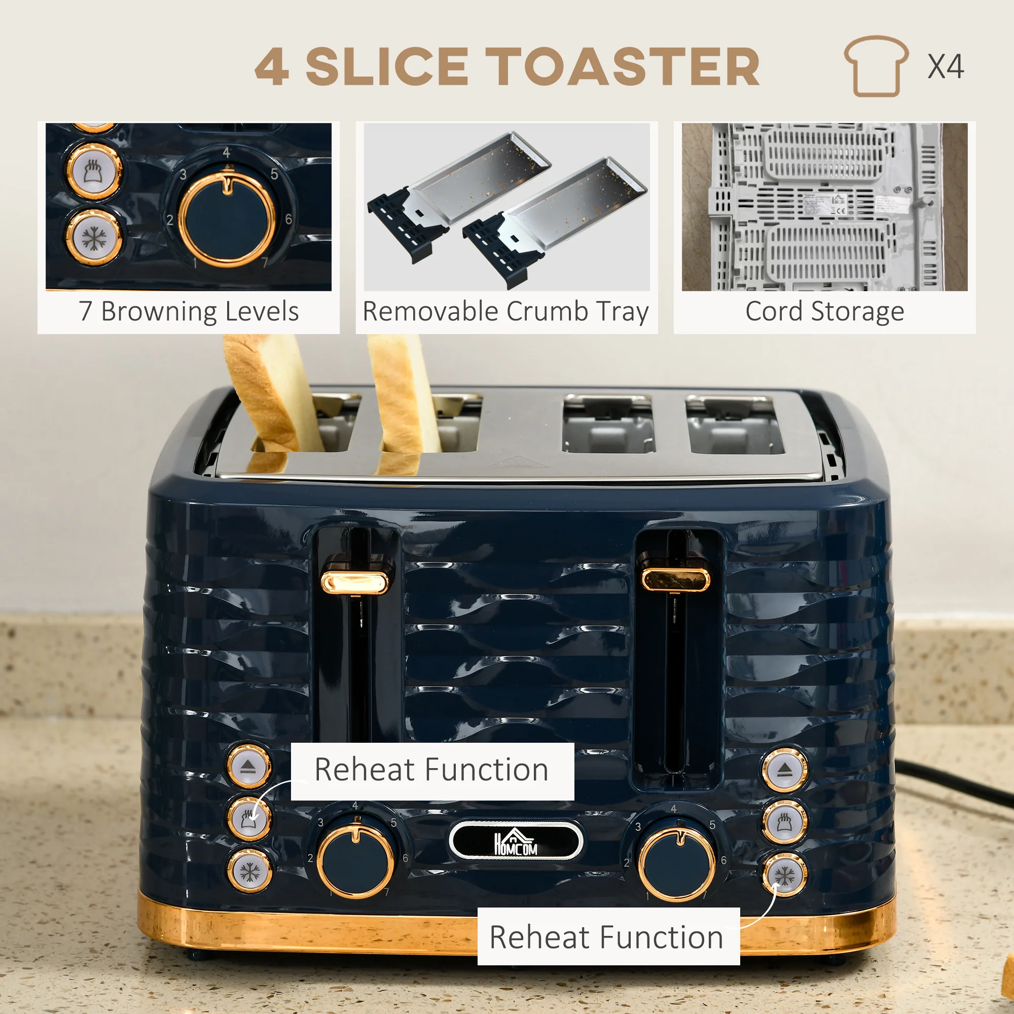 HOMCOM Kettle and Toaster Set 1.7L Rapid Boil Kettle & 4 Slice Toaster Blue - Image 4