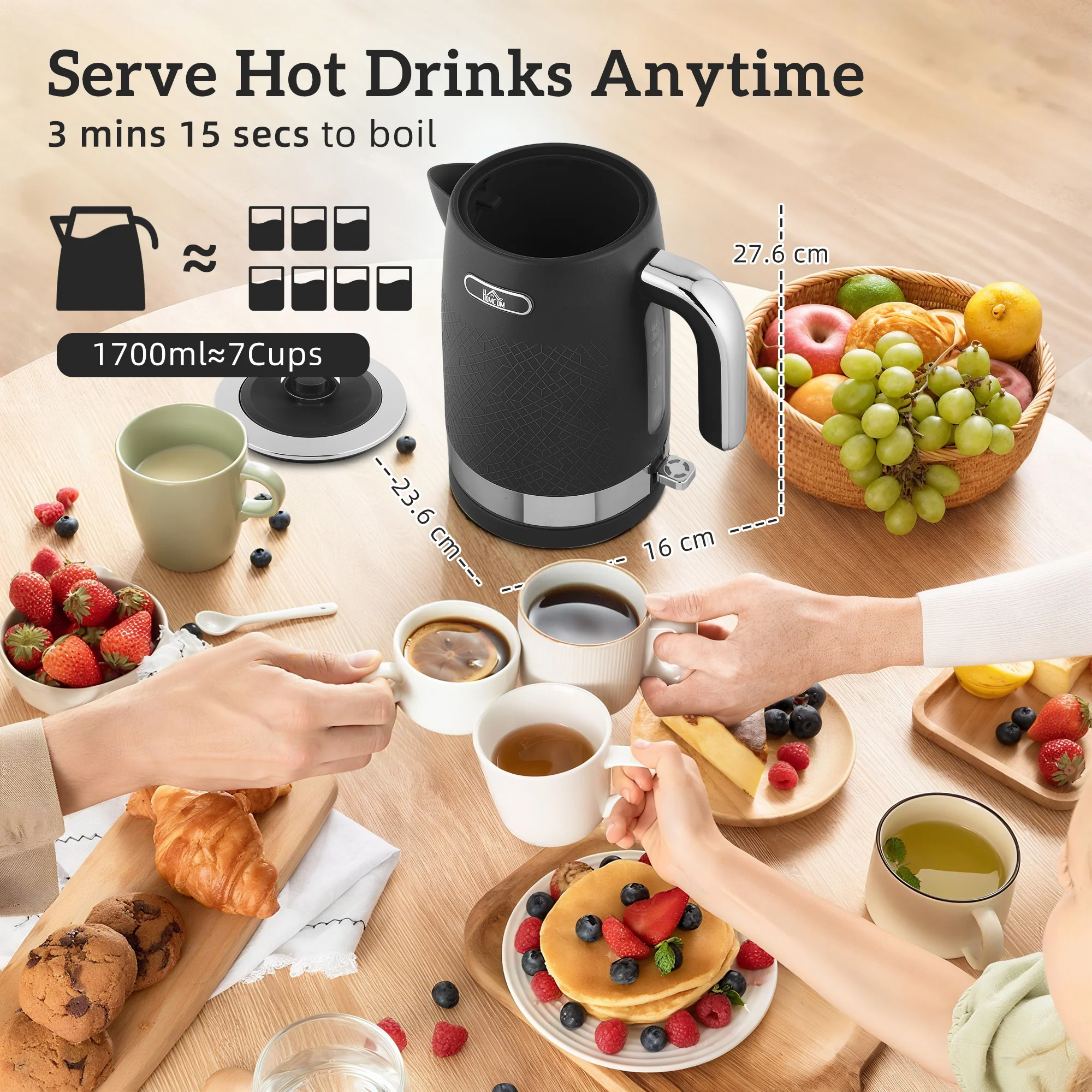 HOMCOM Kettle And Toaster Set With 3000W Rapid Boil, 4 Slice Toaster, Black - Image 3