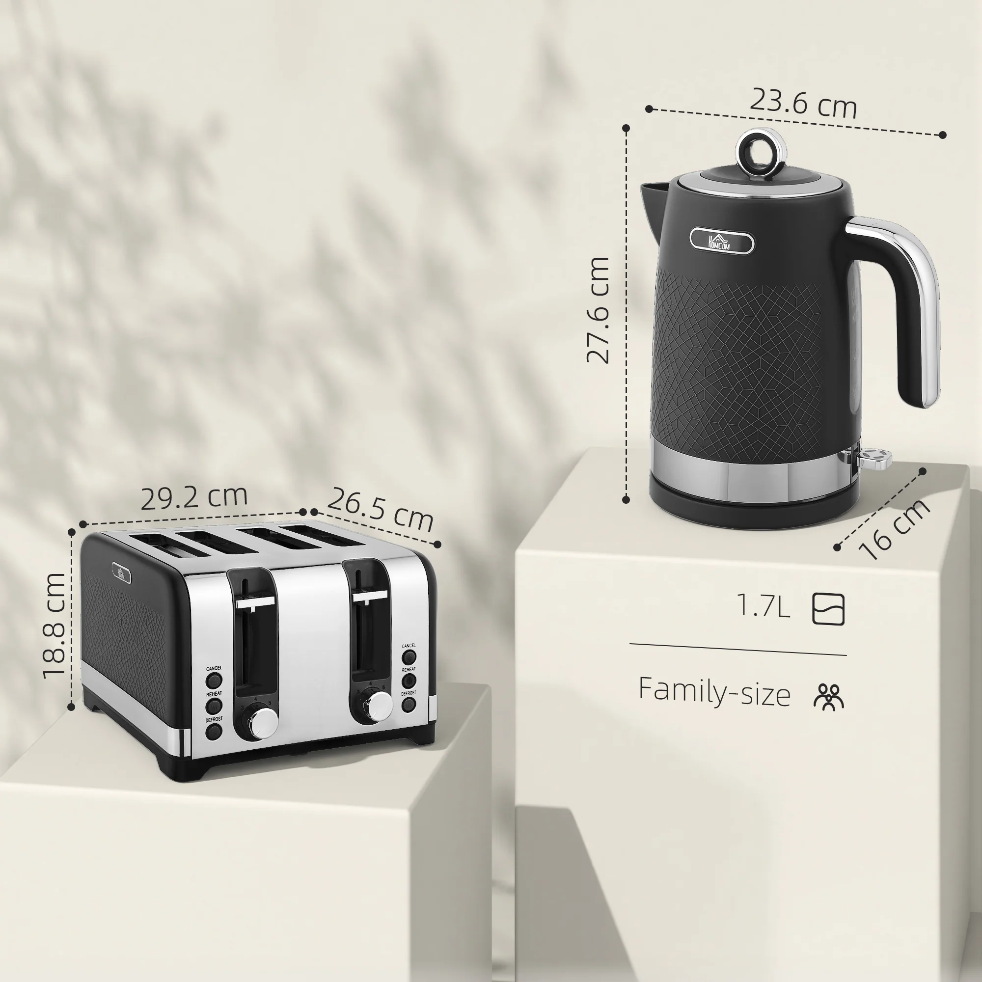 HOMCOM Kettle And Toaster Set With 3000W Rapid Boil, 4 Slice Toaster, Black - Image 5