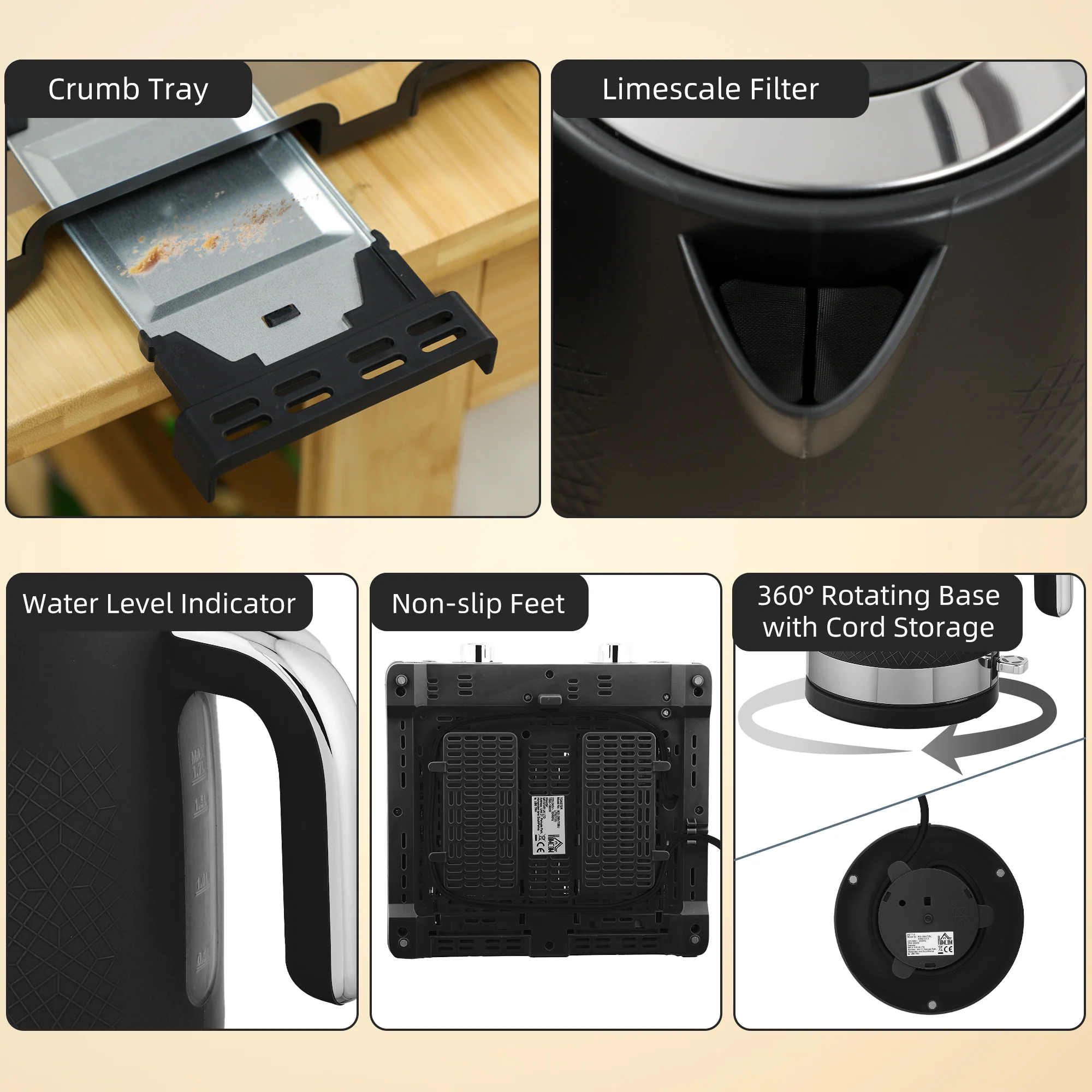 HOMCOM Kettle And Toaster Set With 3000W Rapid Boil, 4 Slice Toaster, Black - Image 9