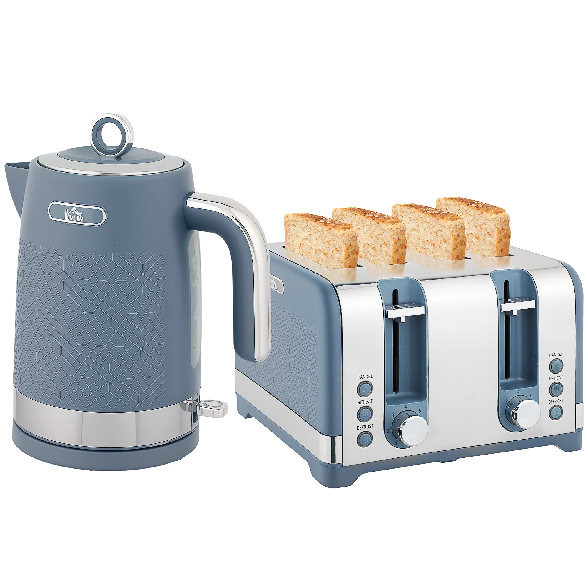 HOMCOM Kettle And Toaster Set With 3000W Rapid Boil, 4 Slice Toaster, Blue