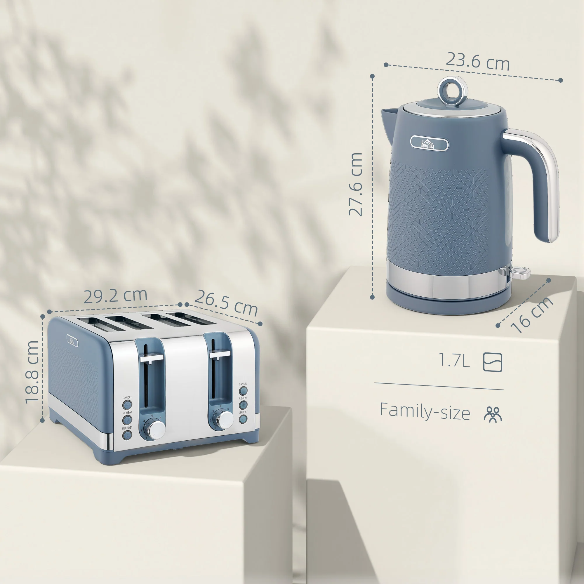 HOMCOM Kettle And Toaster Set With 3000W Rapid Boil, 4 Slice Toaster, Blue - Image 5