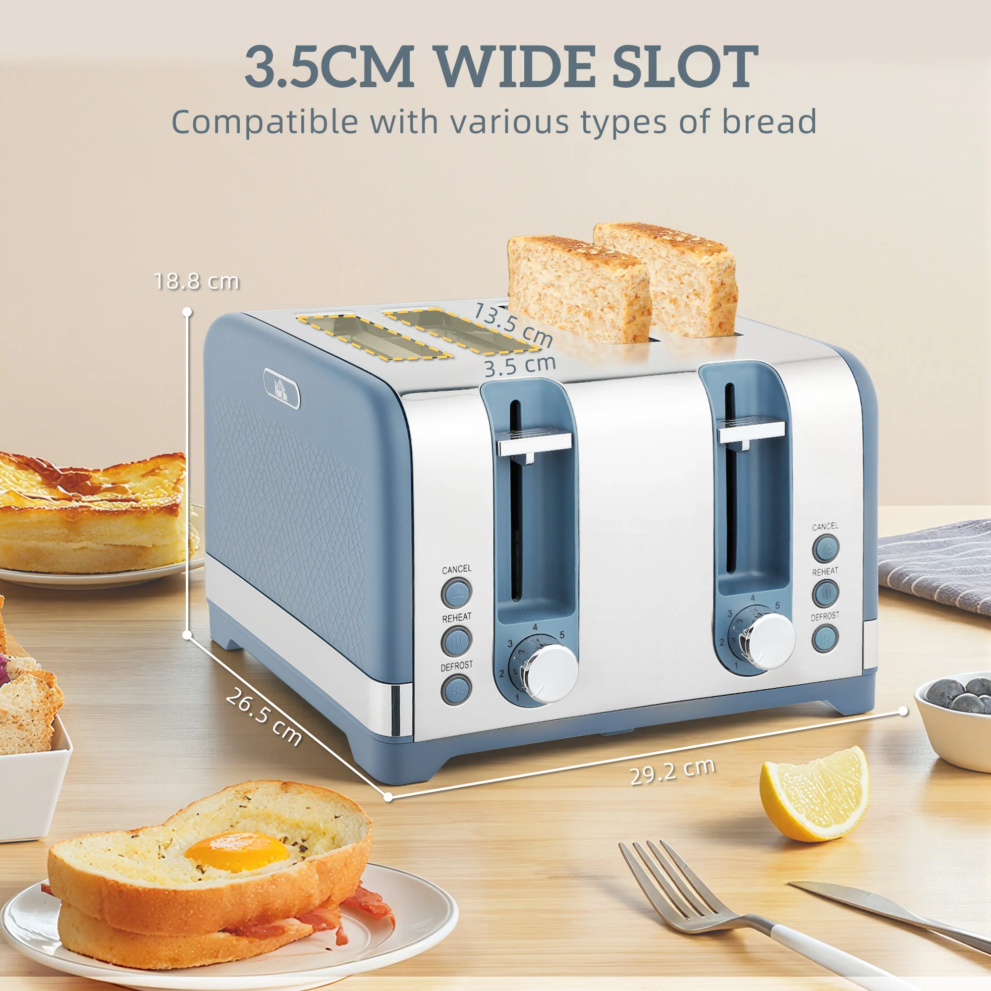 HOMCOM Kettle And Toaster Set With 3000W Rapid Boil, 4 Slice Toaster, Blue - Image 8
