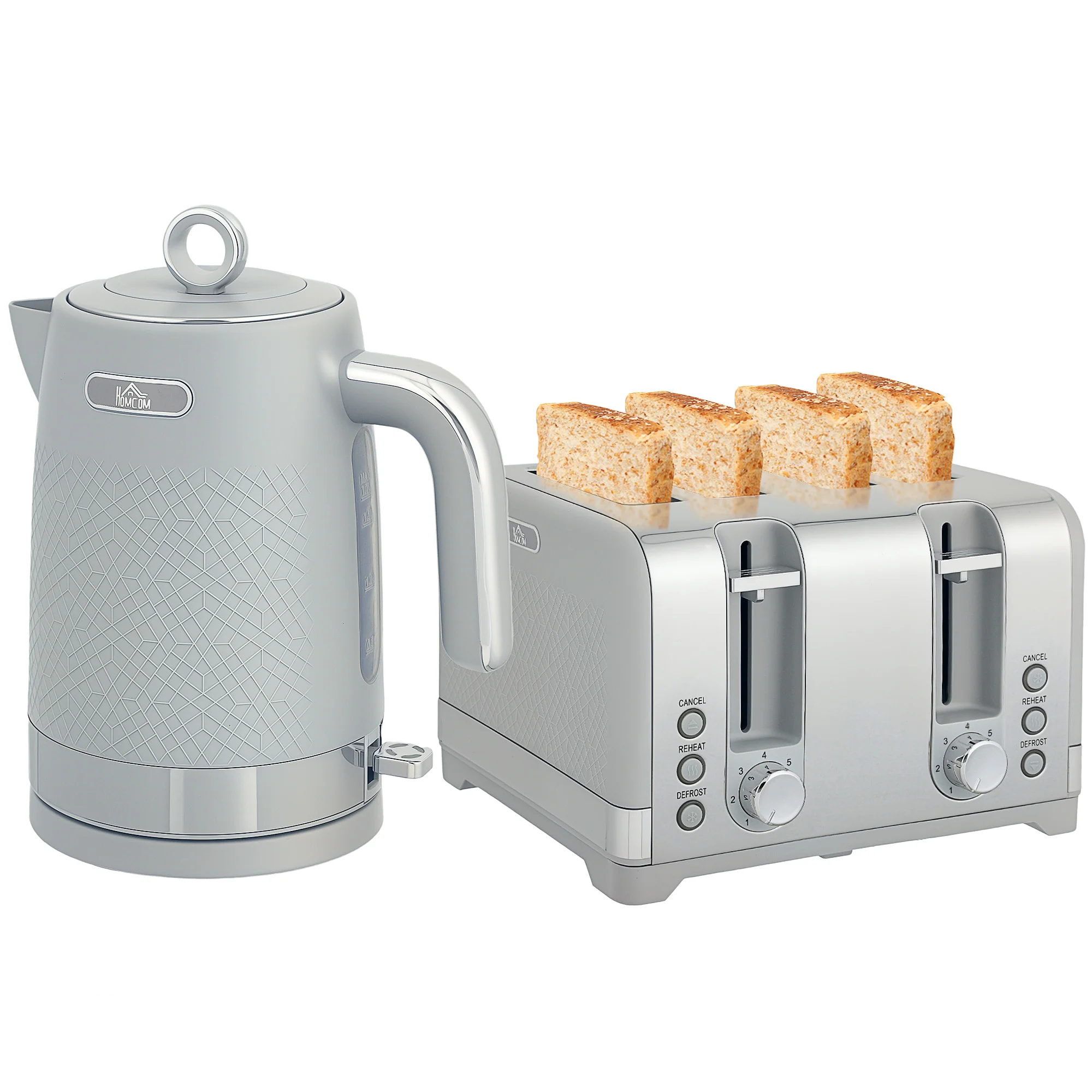 HOMCOM Kettle And Toaster Set With 3000W Rapid Boil, 4 Slice Toaster, Grey