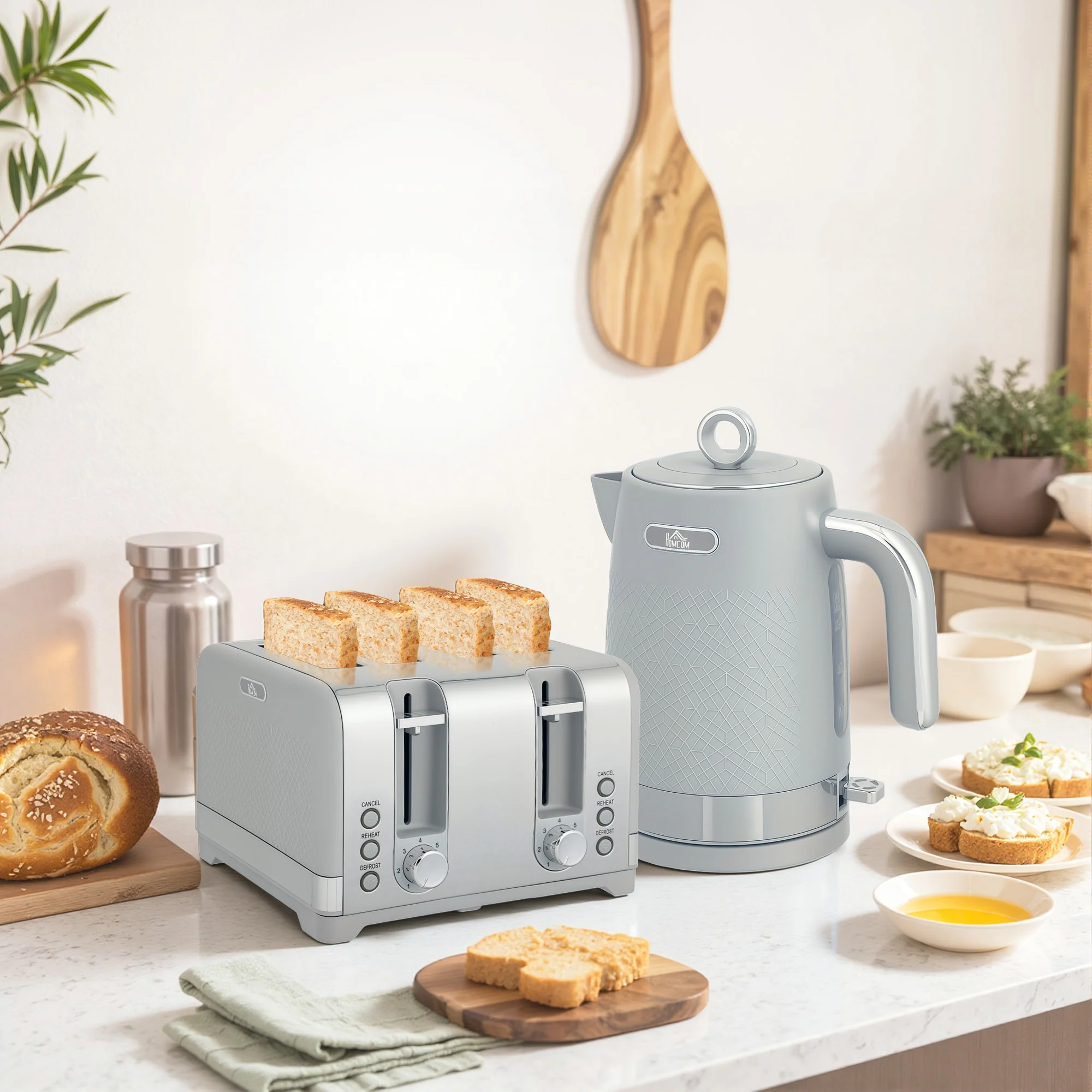 HOMCOM Kettle And Toaster Set With 3000W Rapid Boil, 4 Slice Toaster, Grey - Image 2