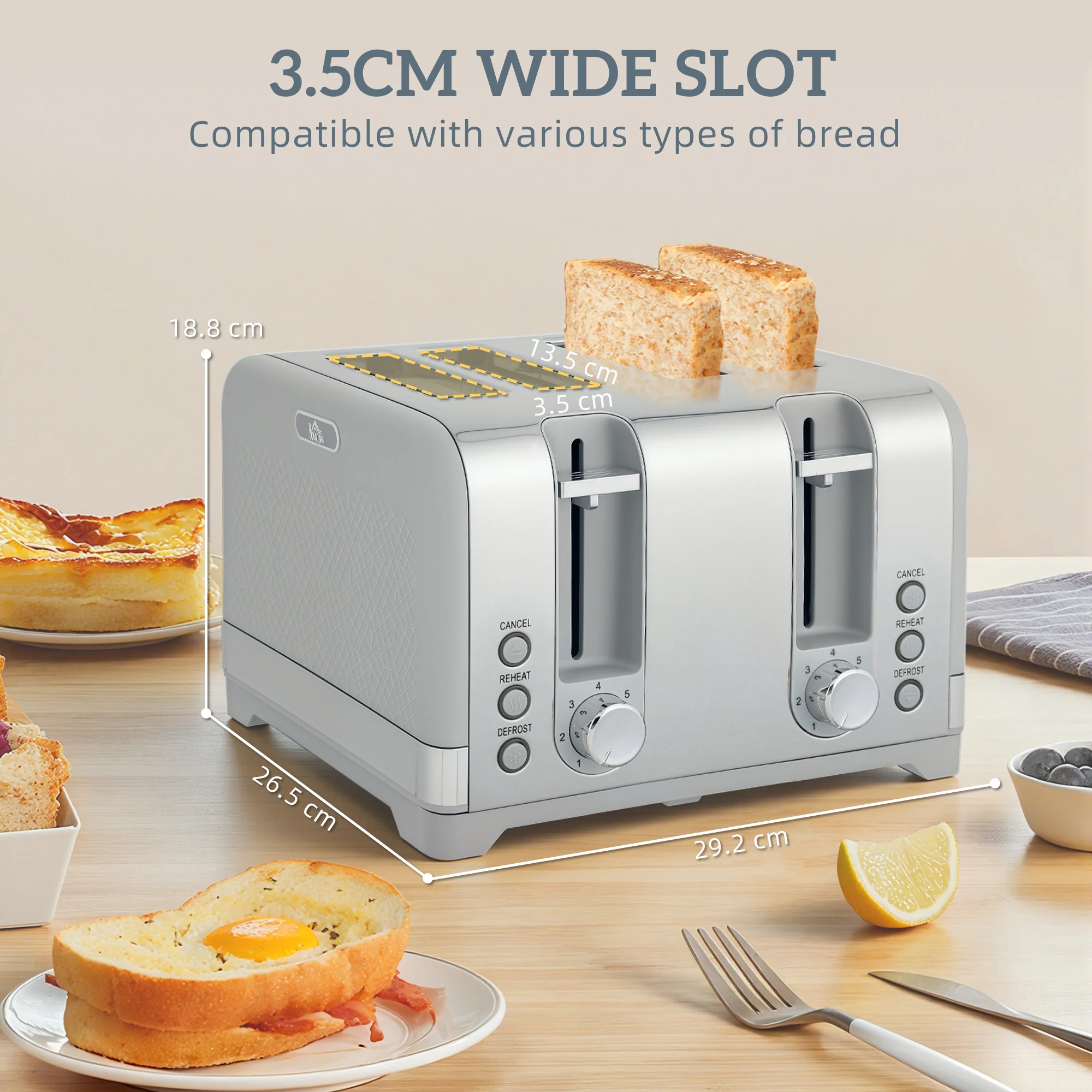 HOMCOM Kettle And Toaster Set With 3000W Rapid Boil, 4 Slice Toaster, Grey - Image 8