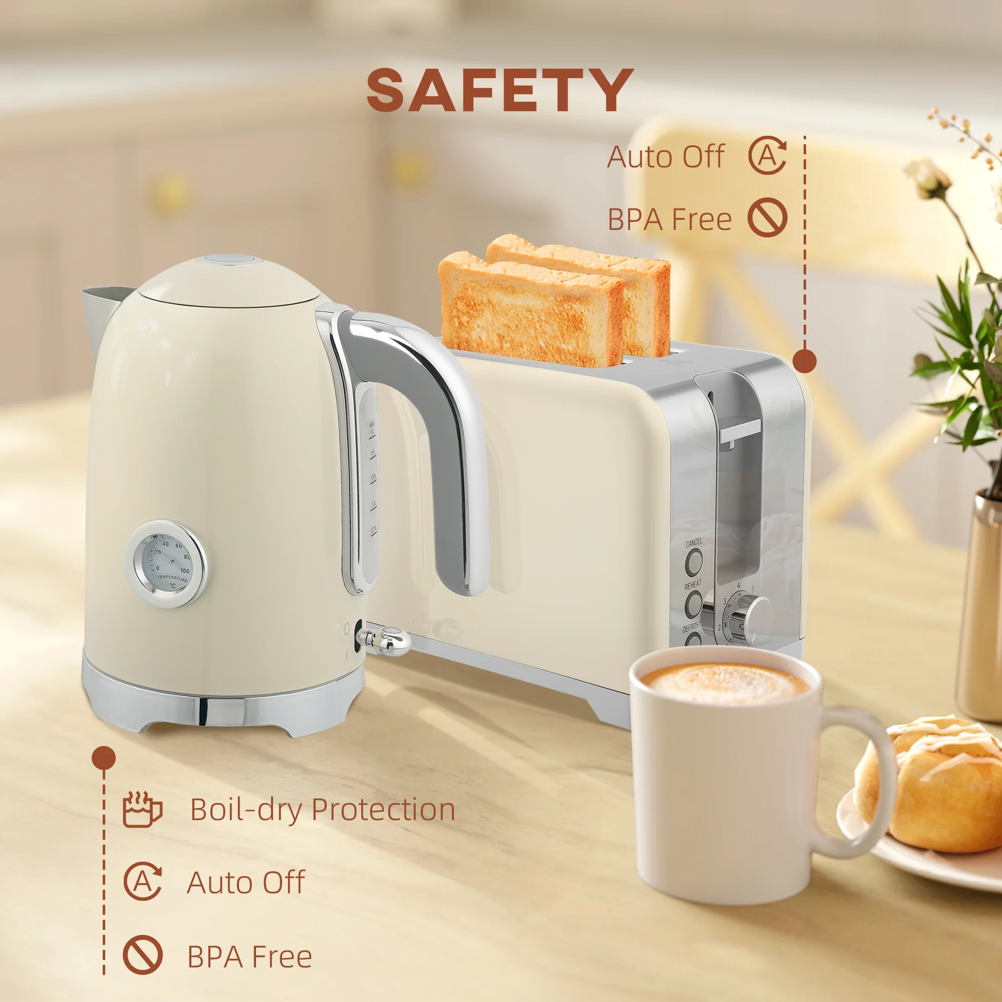 HOMCOM Kettle And Toaster Set With Temperature Gauge, Crumb Tray - Image 16