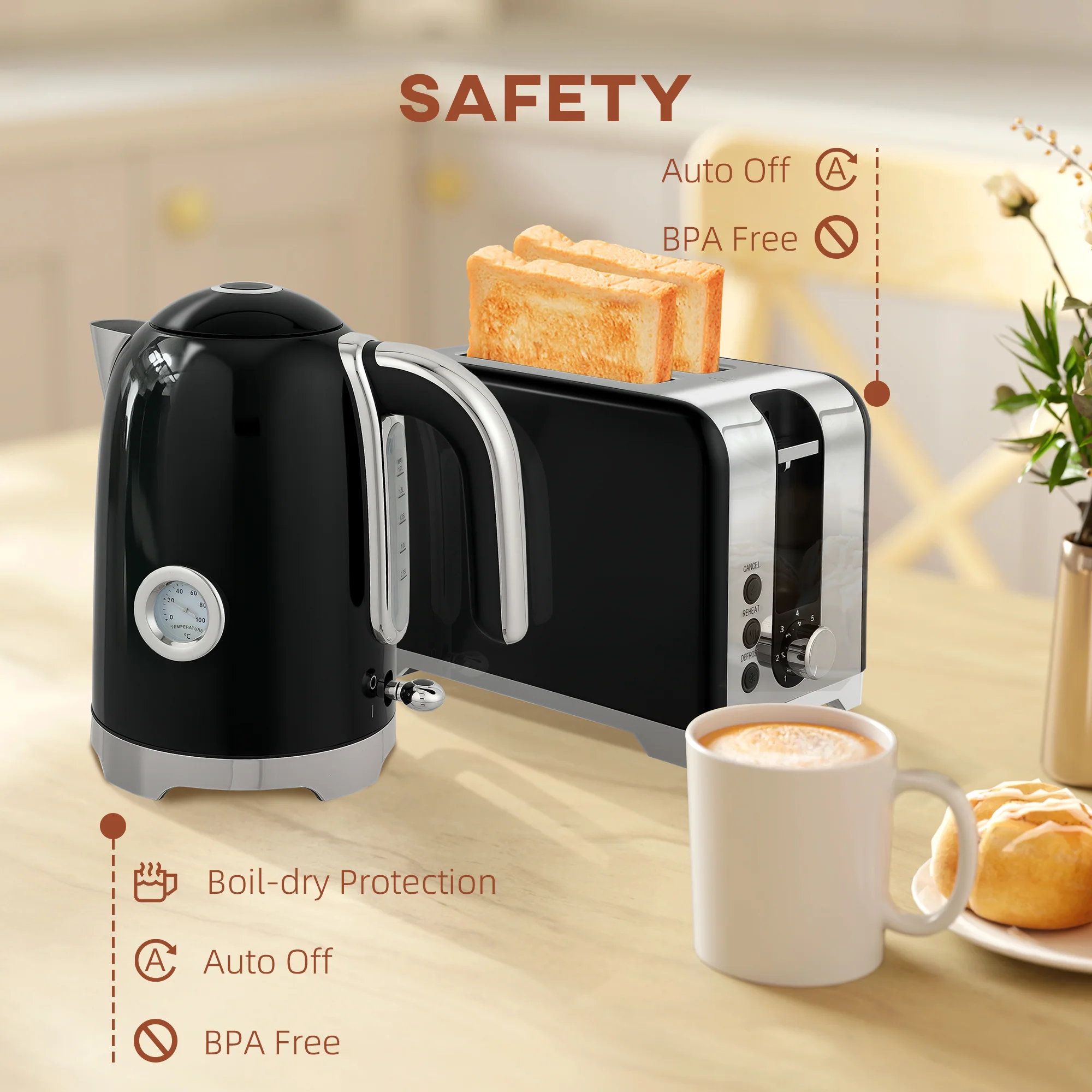 HOMCOM Kettle And Toaster Set With Temperature Gauge, Crumb Tray - Image 7