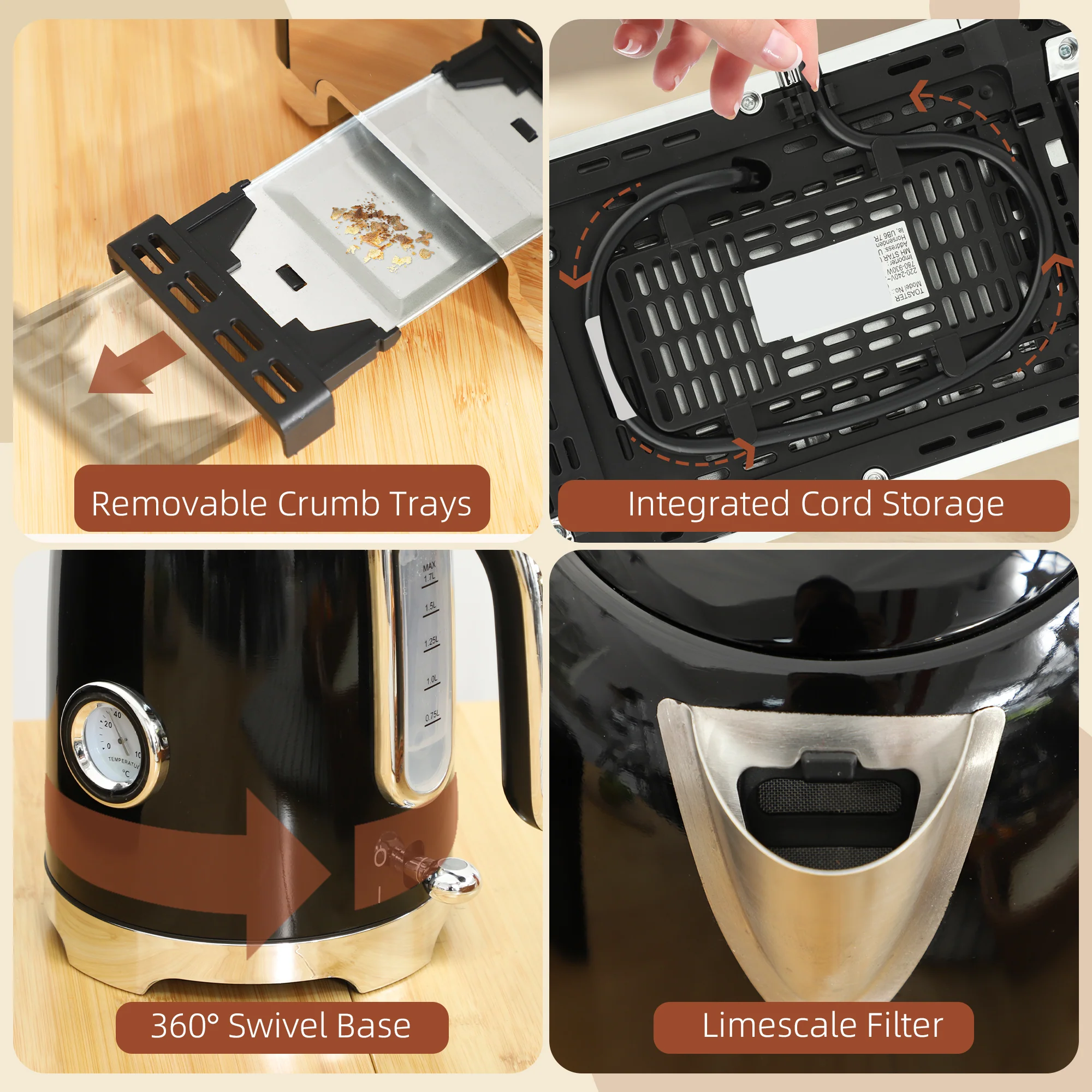 HOMCOM Kettle And Toaster Set With Temperature Gauge, Crumb Tray - Image 9