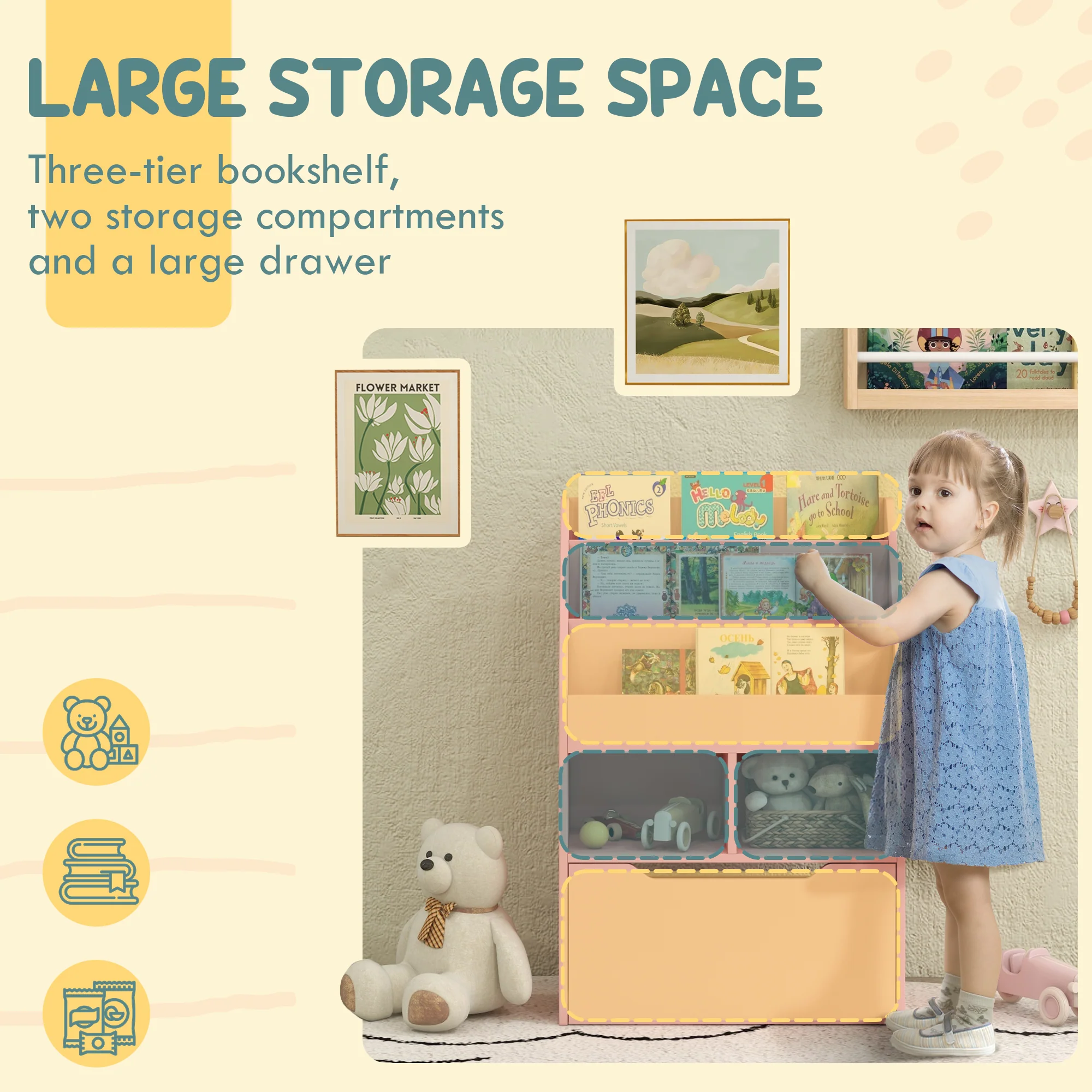 HOMCOM Kids Bookcase, Toy Box w/ Storage Drawer, Wheels for Bedroom - Pink - Image 3