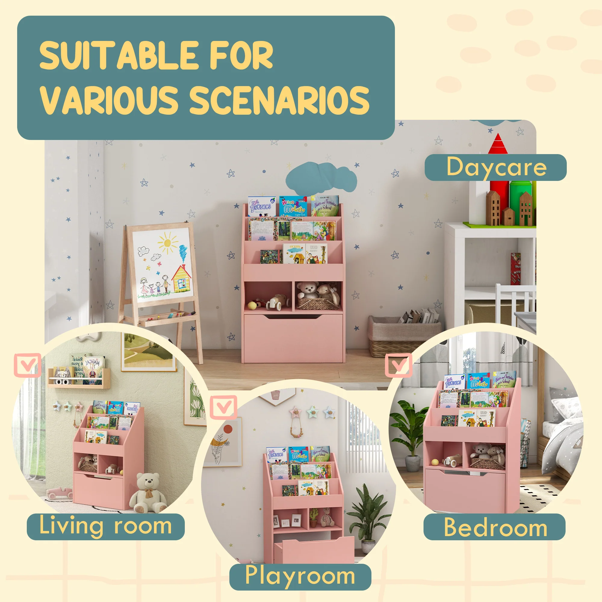 HOMCOM Kids Bookcase, Toy Box w/ Storage Drawer, Wheels for Bedroom - Pink - Image 7