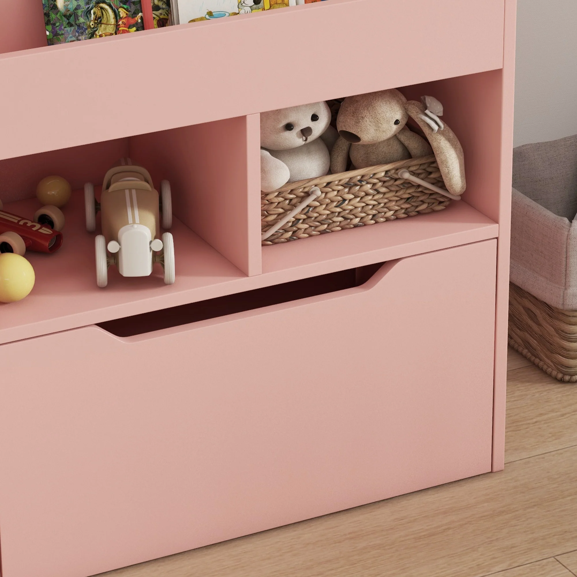HOMCOM Kids Bookcase, Toy Box w/ Storage Drawer, Wheels for Bedroom - Pink - Image 8