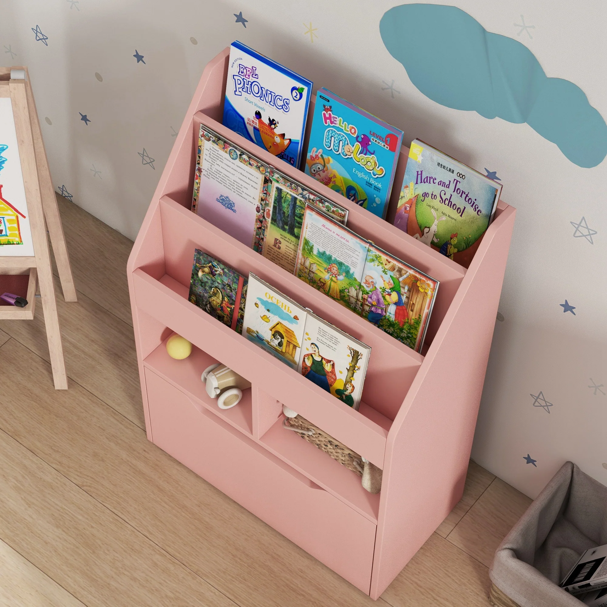 HOMCOM Kids Bookcase, Toy Box w/ Storage Drawer, Wheels for Bedroom - Pink - Image 9