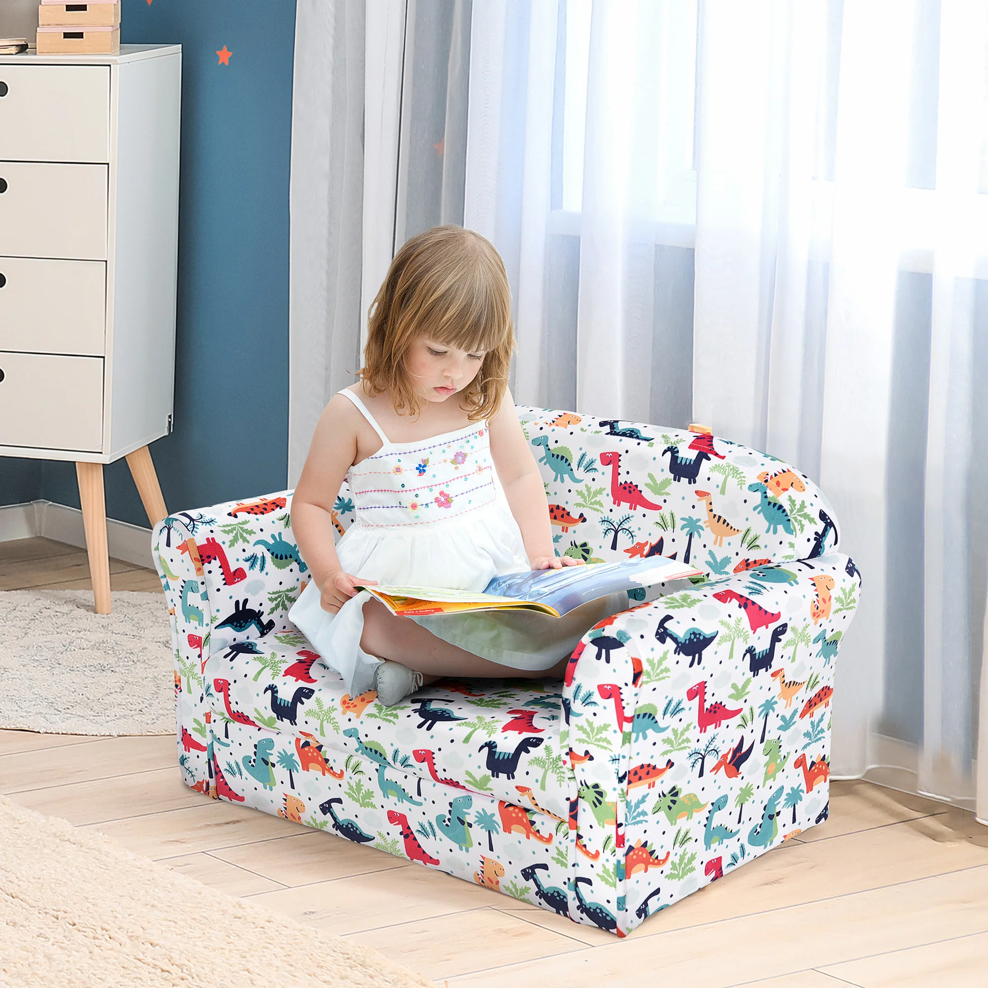HOMCOM Kids Cartoon Dinosaur Wooden Frame 2-Seater Sofa Blue - Image 2