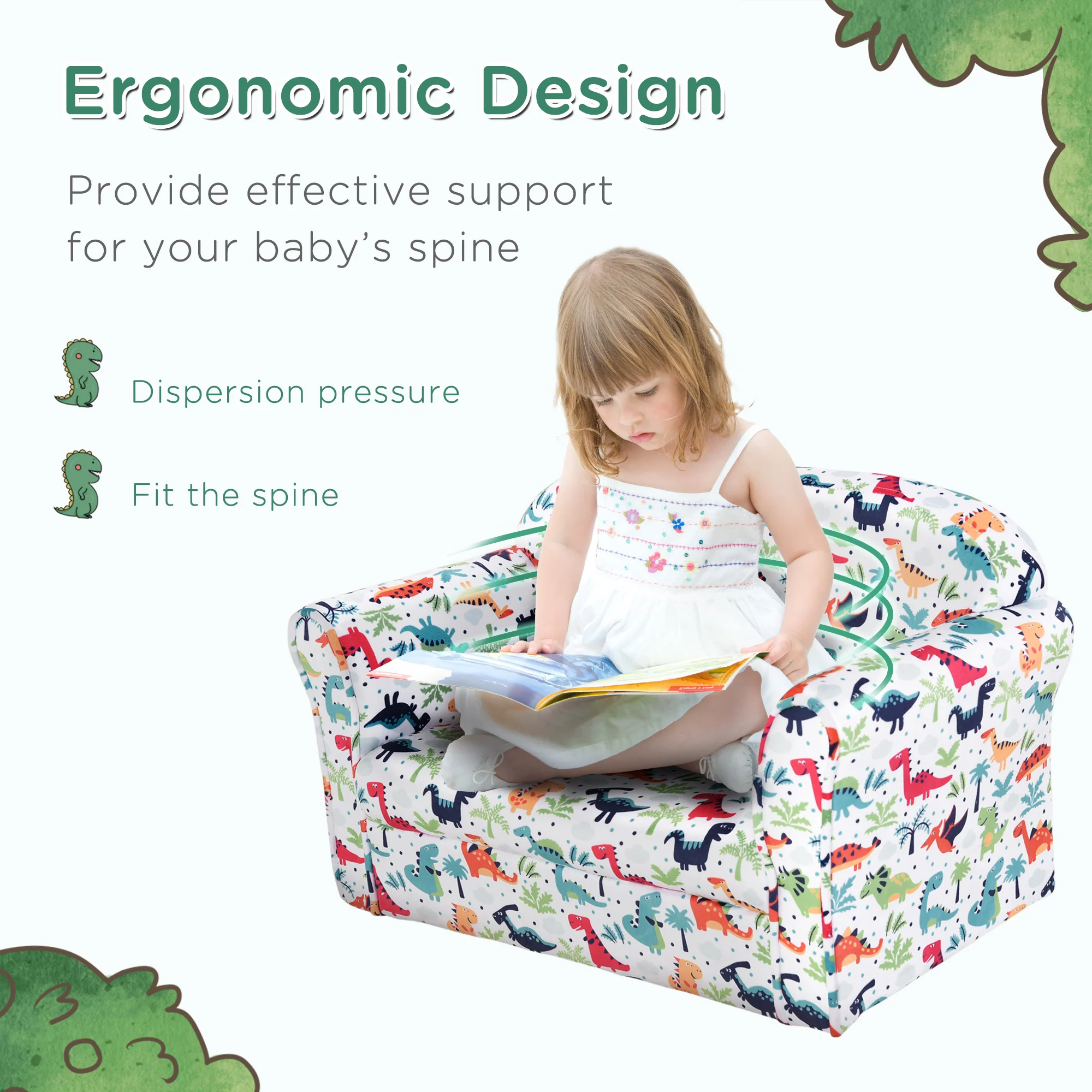 HOMCOM Kids Cartoon Dinosaur Wooden Frame 2-Seater Sofa Blue - Image 4