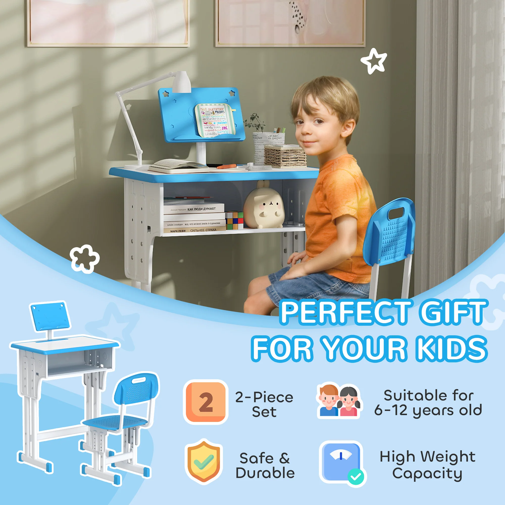 HOMCOM Kids Desk and Chair Set w/ Drawer, Book Stand, Pen Slot, Blue - Image 3