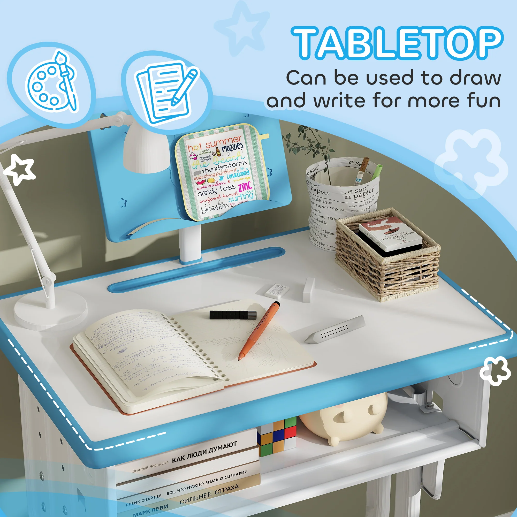 HOMCOM Kids Desk and Chair Set w/ Drawer, Book Stand, Pen Slot, Blue - Image 7