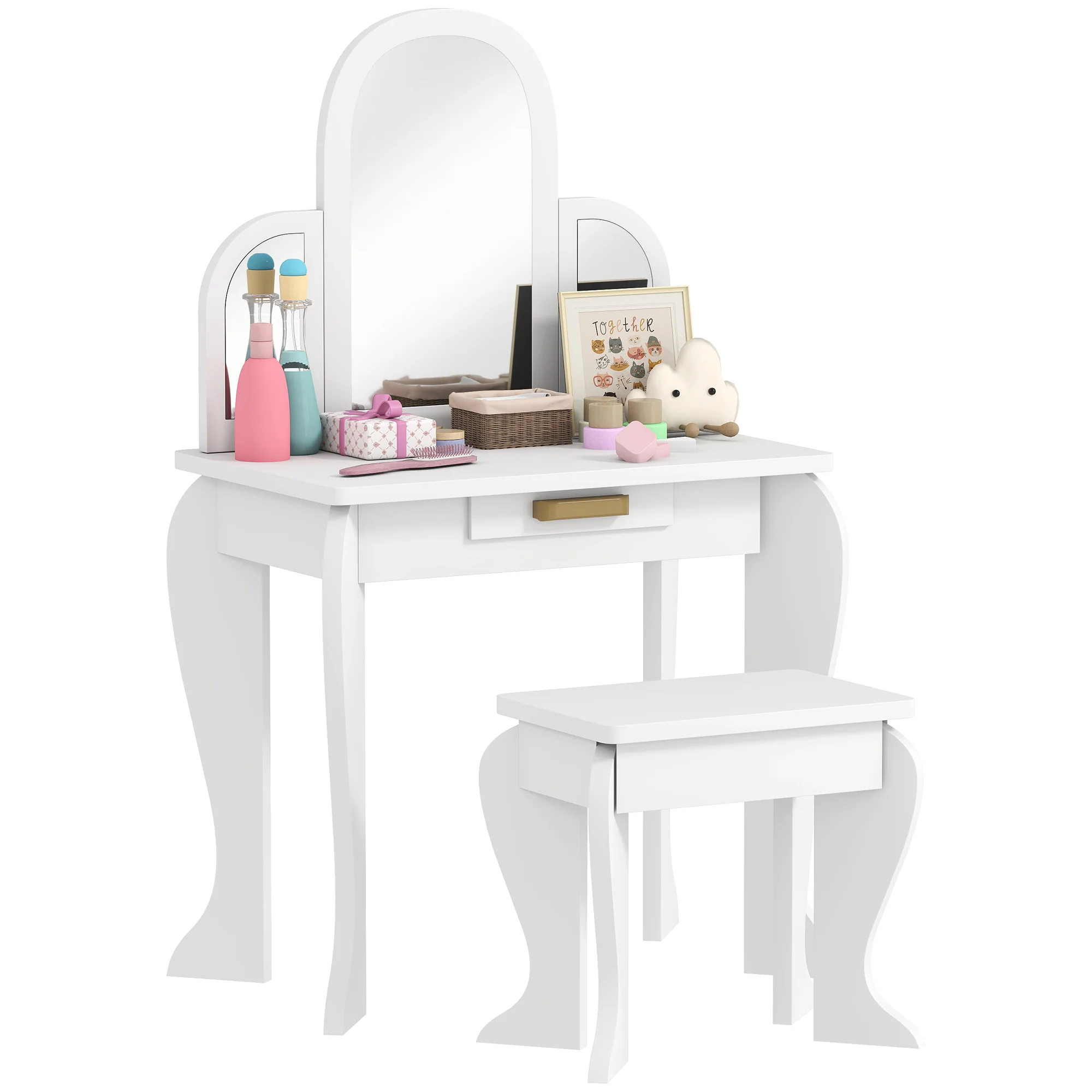 HOMCOM Kids Dressing Table Set Kids Vanity Set W/ Drawer, Mirror - White