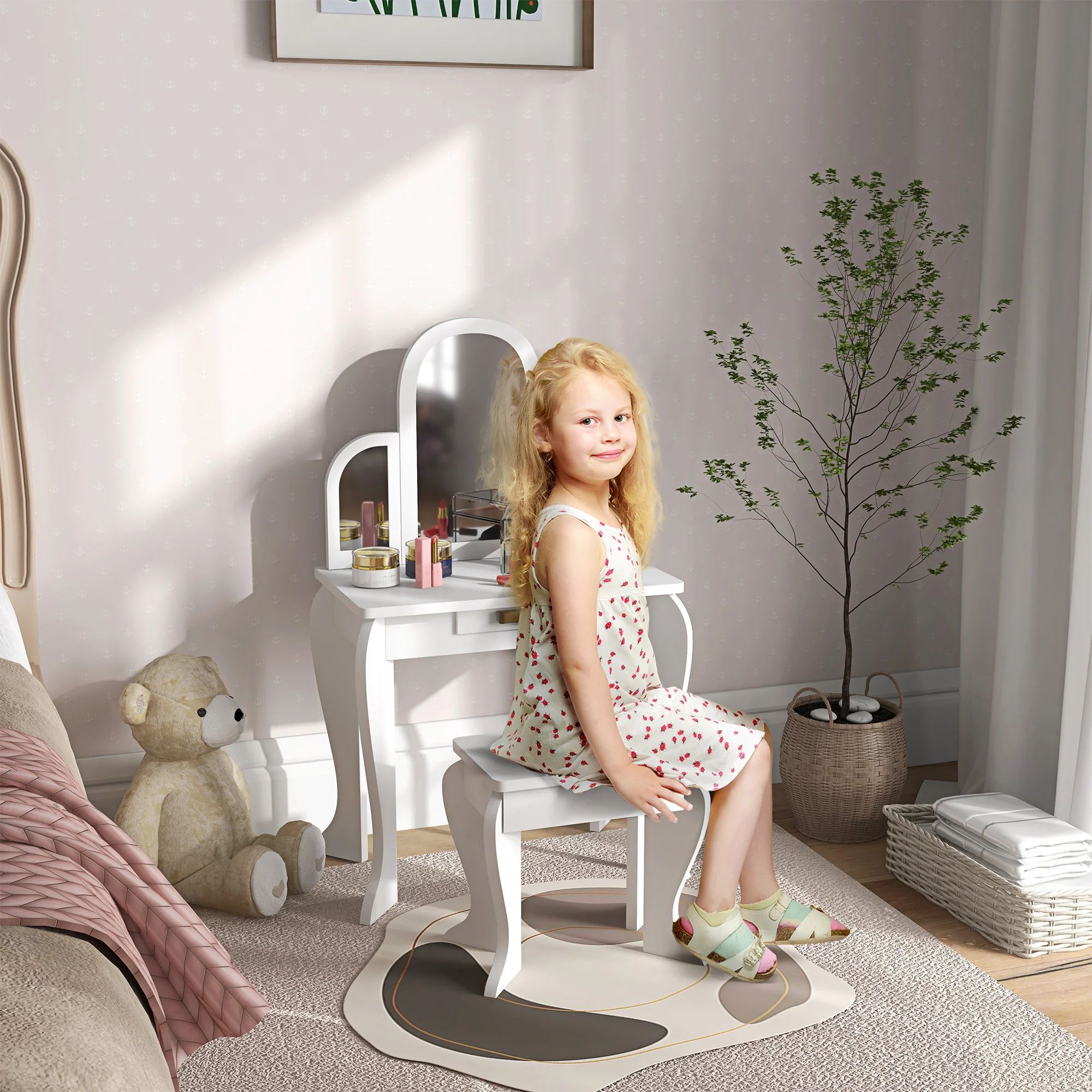 HOMCOM Kids Dressing Table Set Kids Vanity Set W/ Drawer, Mirror - White - Image 2
