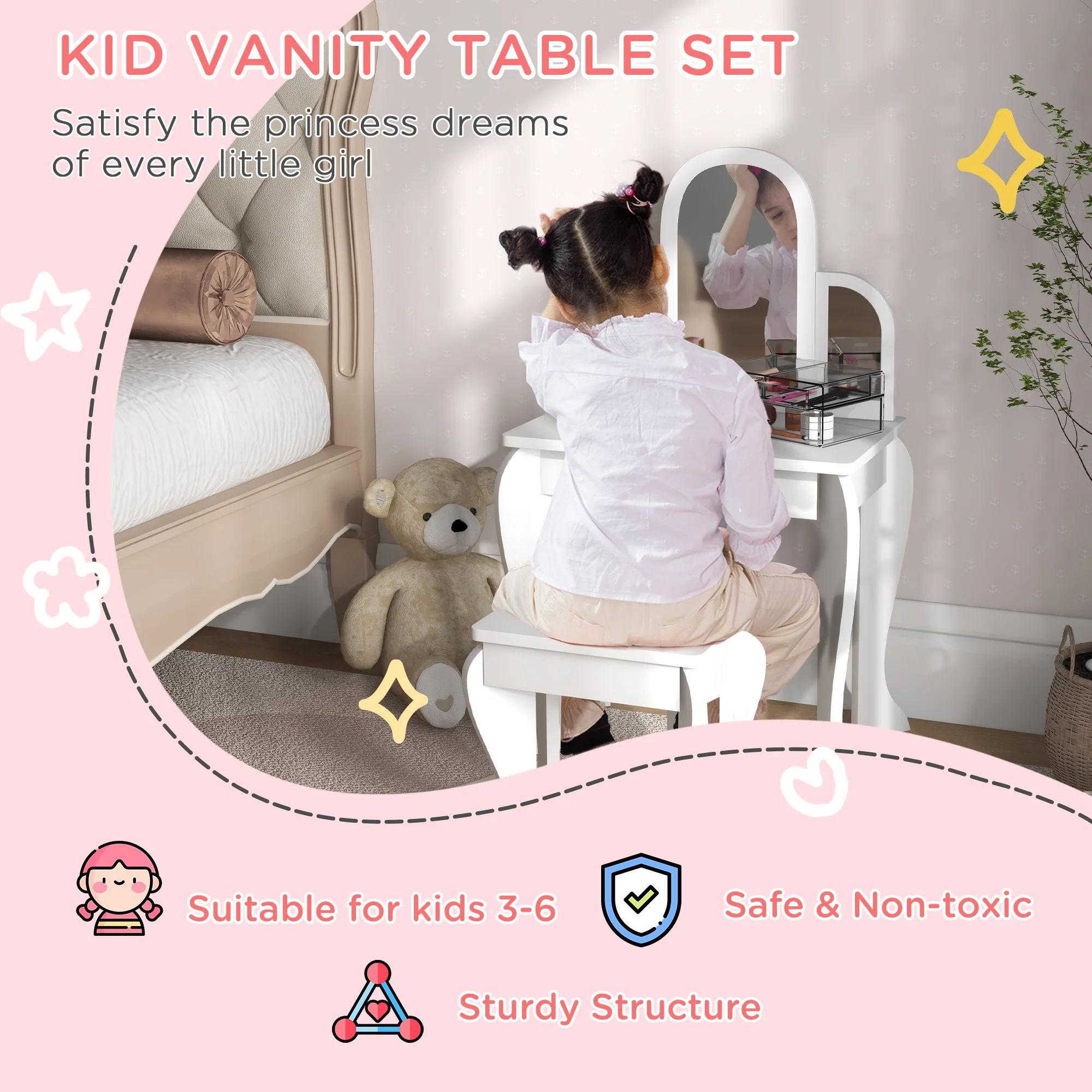 HOMCOM Kids Dressing Table Set Kids Vanity Set W/ Drawer, Mirror - White - Image 3