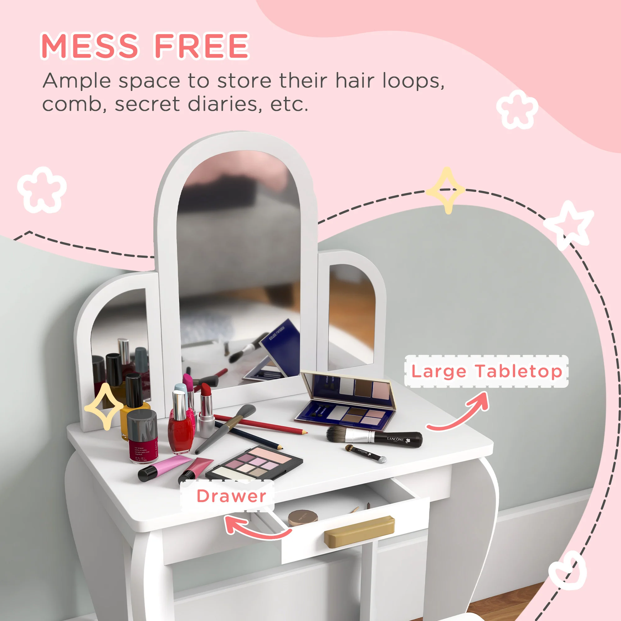 HOMCOM Kids Dressing Table Set Kids Vanity Set W/ Drawer, Mirror - White - Image 4