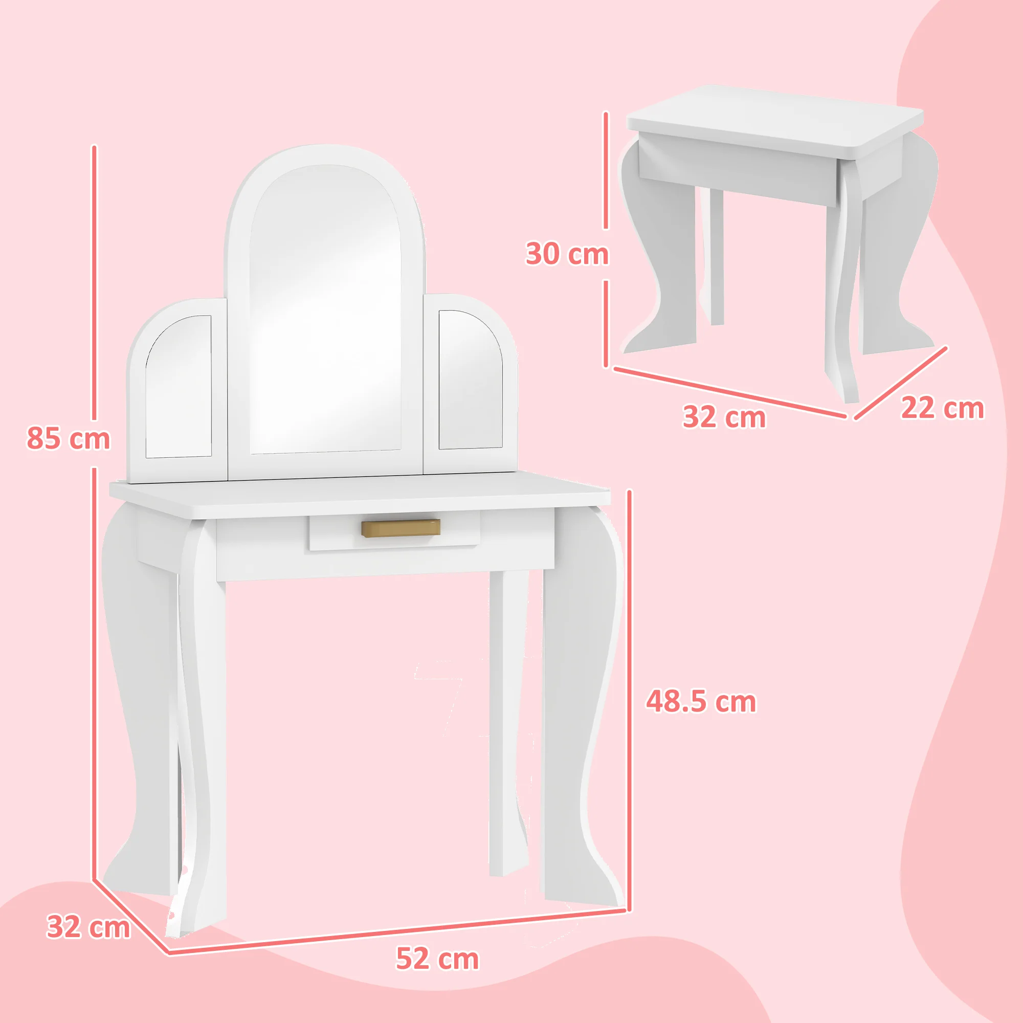 HOMCOM Kids Dressing Table Set Kids Vanity Set W/ Drawer, Mirror - White - Image 5