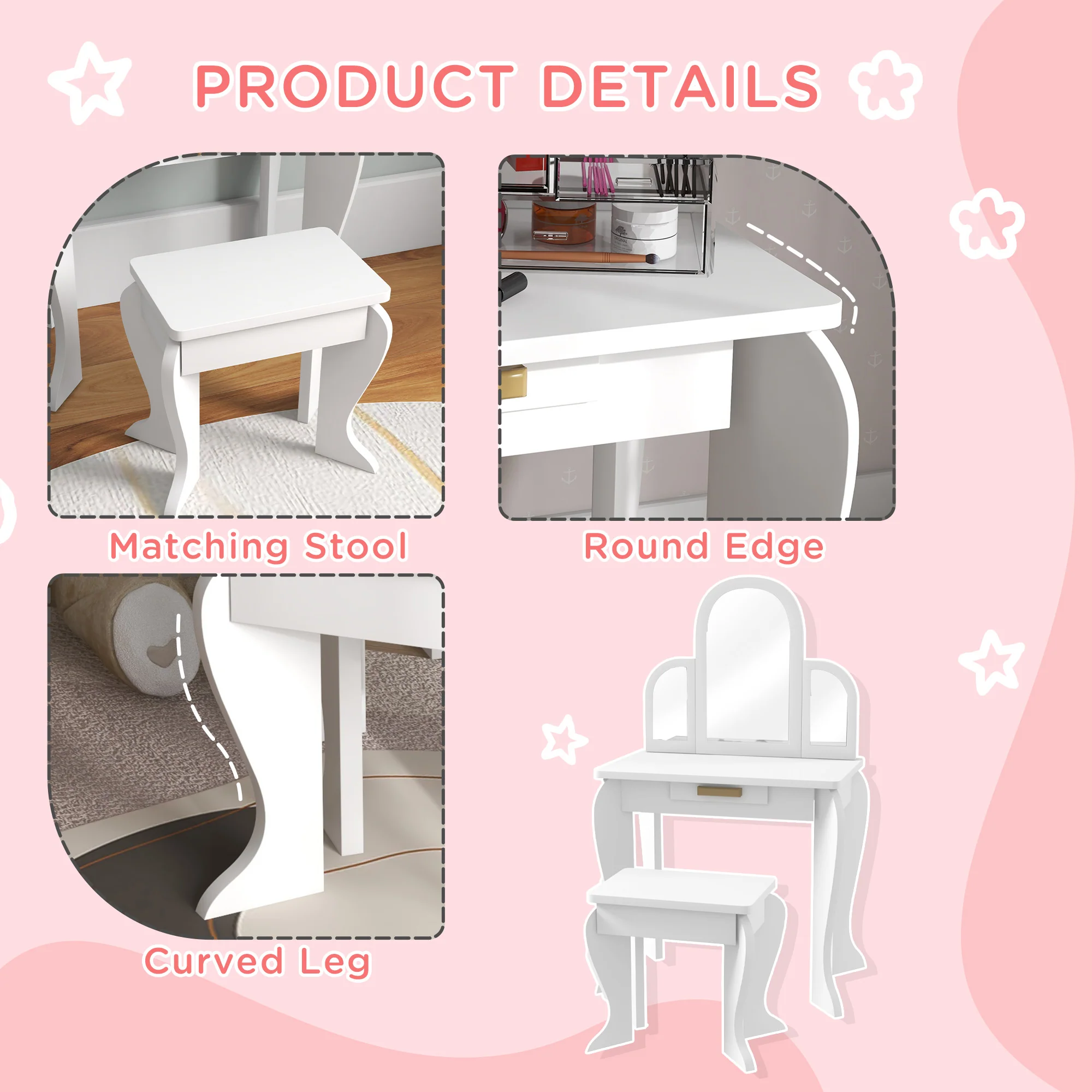 HOMCOM Kids Dressing Table Set Kids Vanity Set W/ Drawer, Mirror - White - Image 6