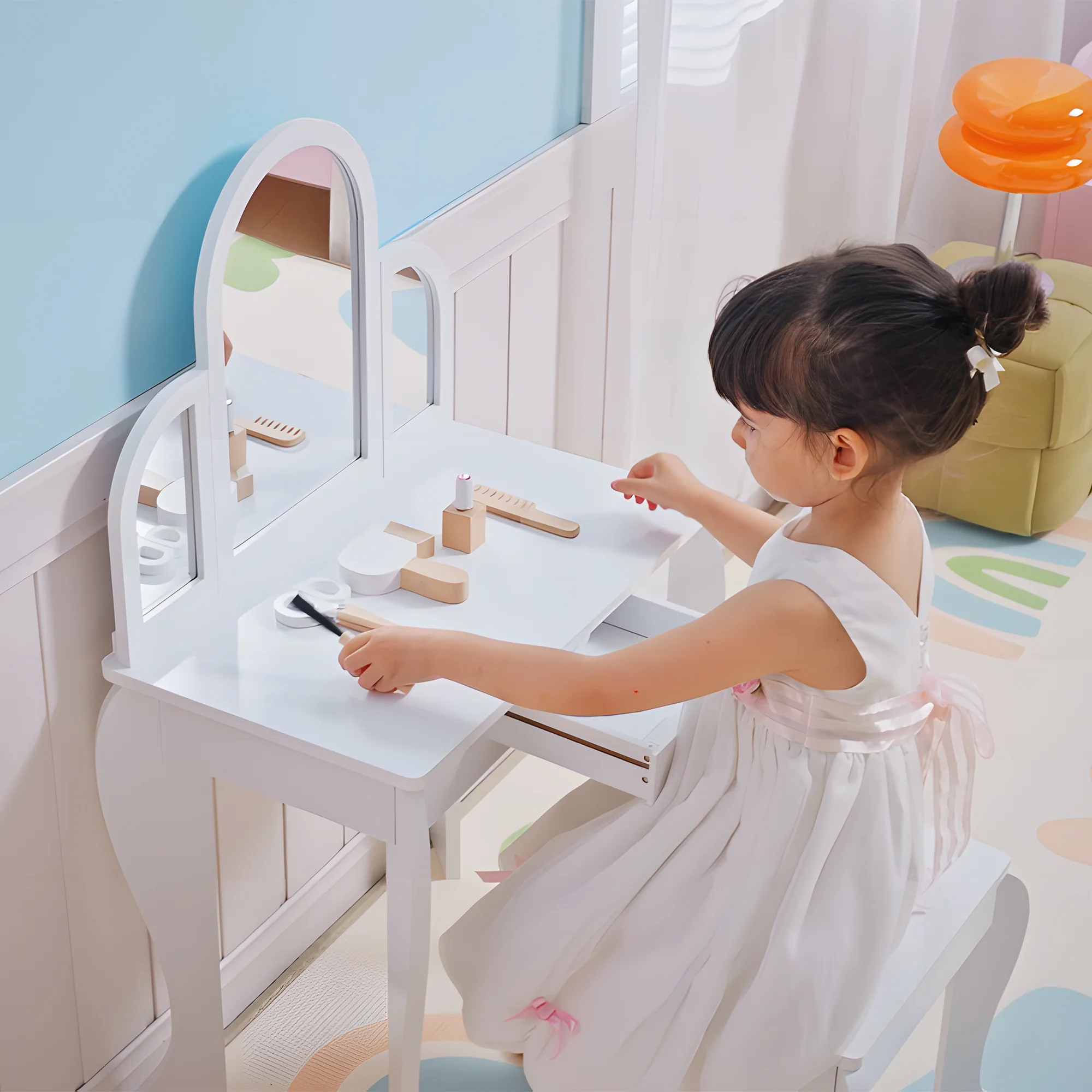 HOMCOM Kids Dressing Table Set Kids Vanity Set W/ Drawer, Mirror - White - Image 7