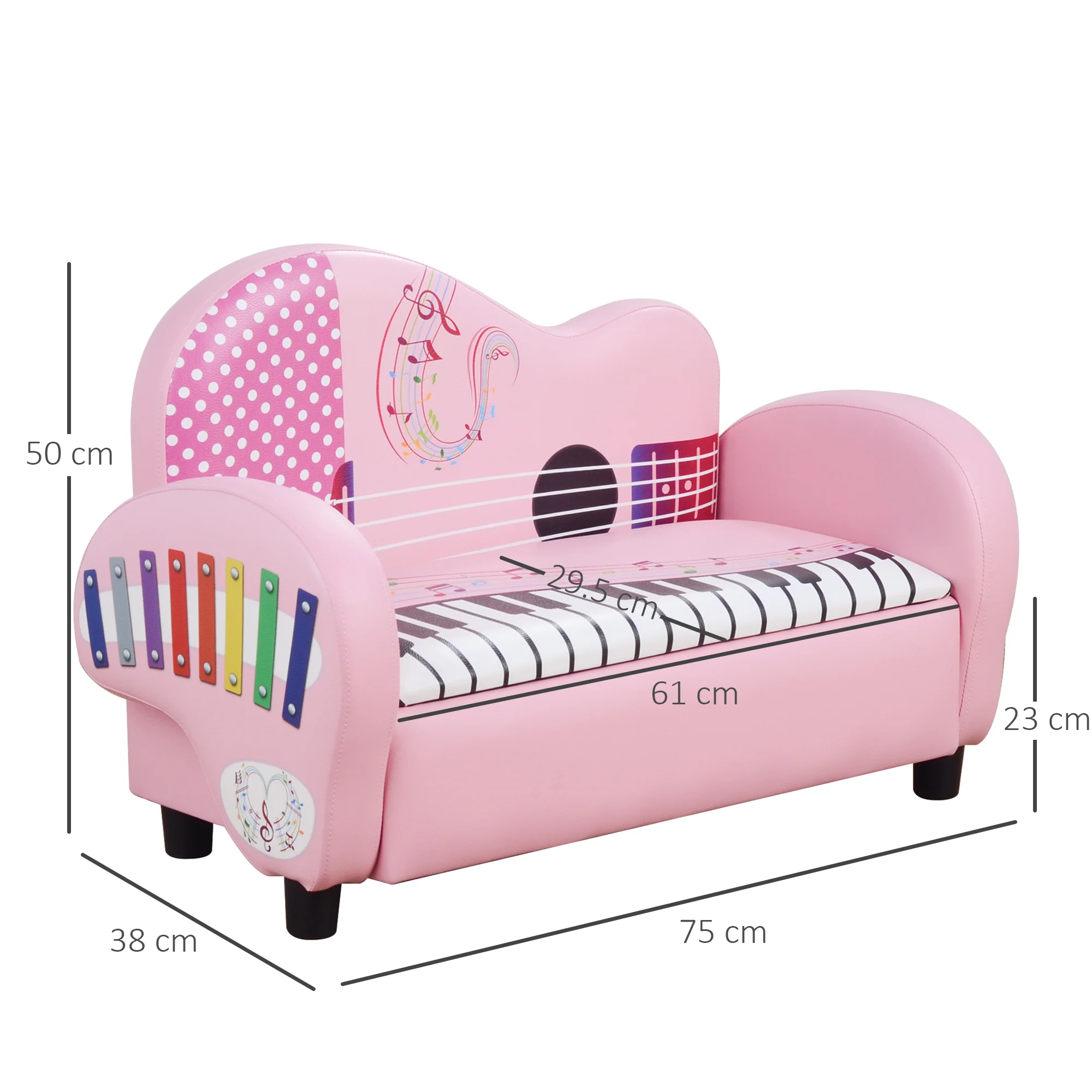 HOMCOM Kids PVC 2-Seater Musical-Theme Sofa Piano Shape Multi-Functional 2 Seats Couch Storage Box Soft Sturdy Pink - Image 2