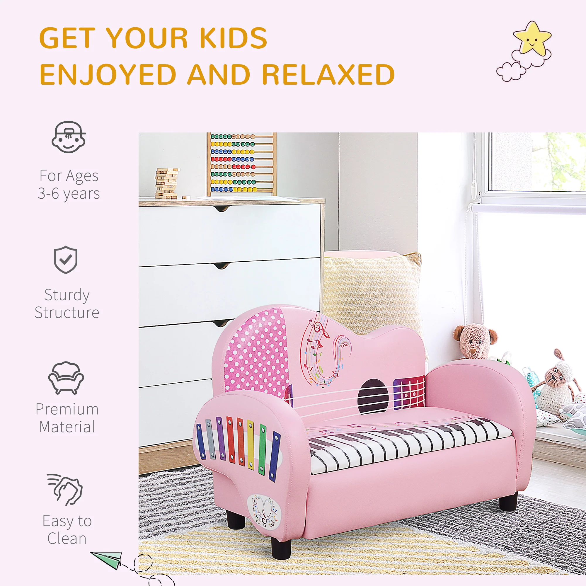 HOMCOM Kids PVC 2-Seater Musical-Theme Sofa Piano Shape Multi-Functional 2 Seats Couch Storage Box Soft Sturdy Pink - Image 3