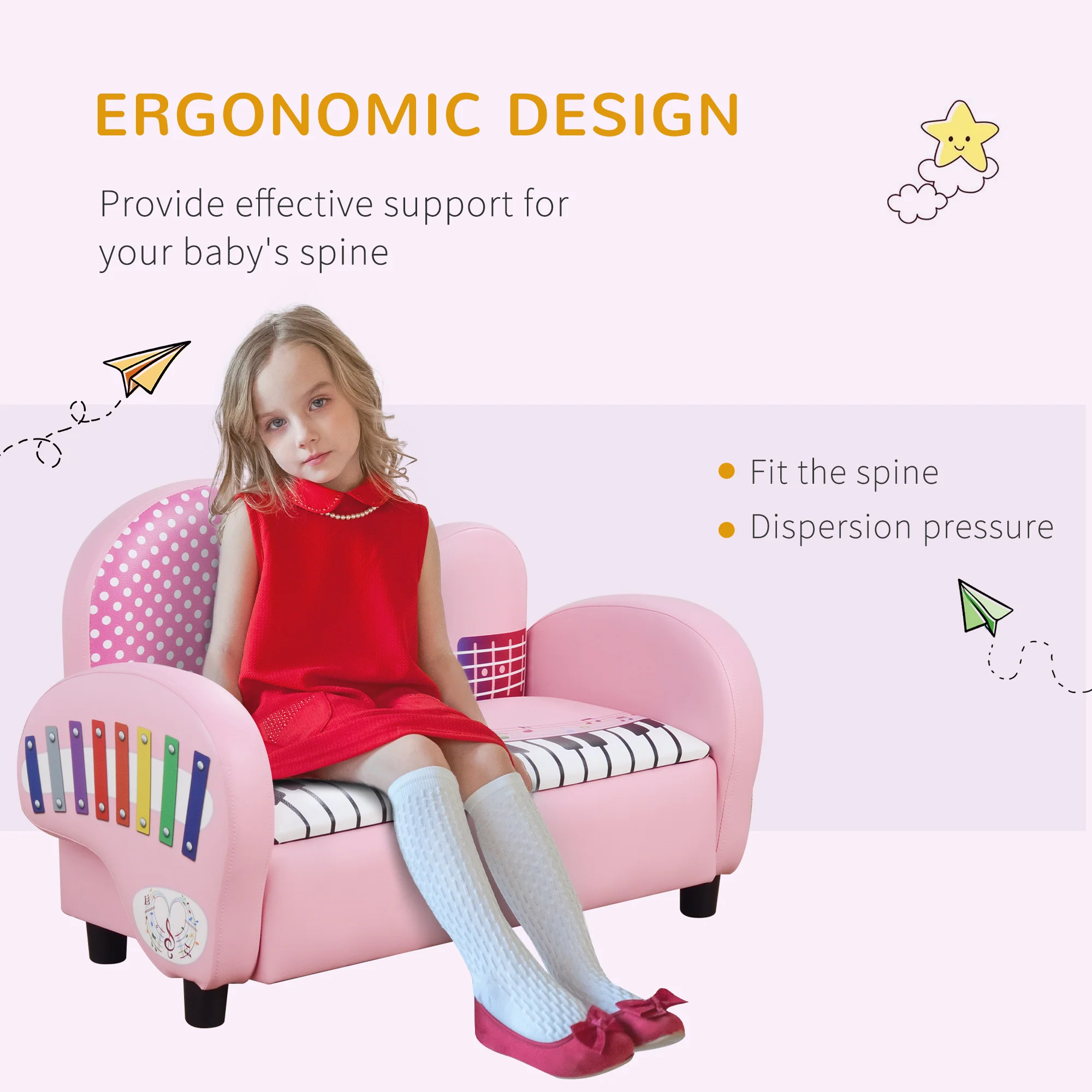 HOMCOM Kids PVC 2-Seater Musical-Theme Sofa Piano Shape Multi-Functional 2 Seats Couch Storage Box Soft Sturdy Pink - Image 4