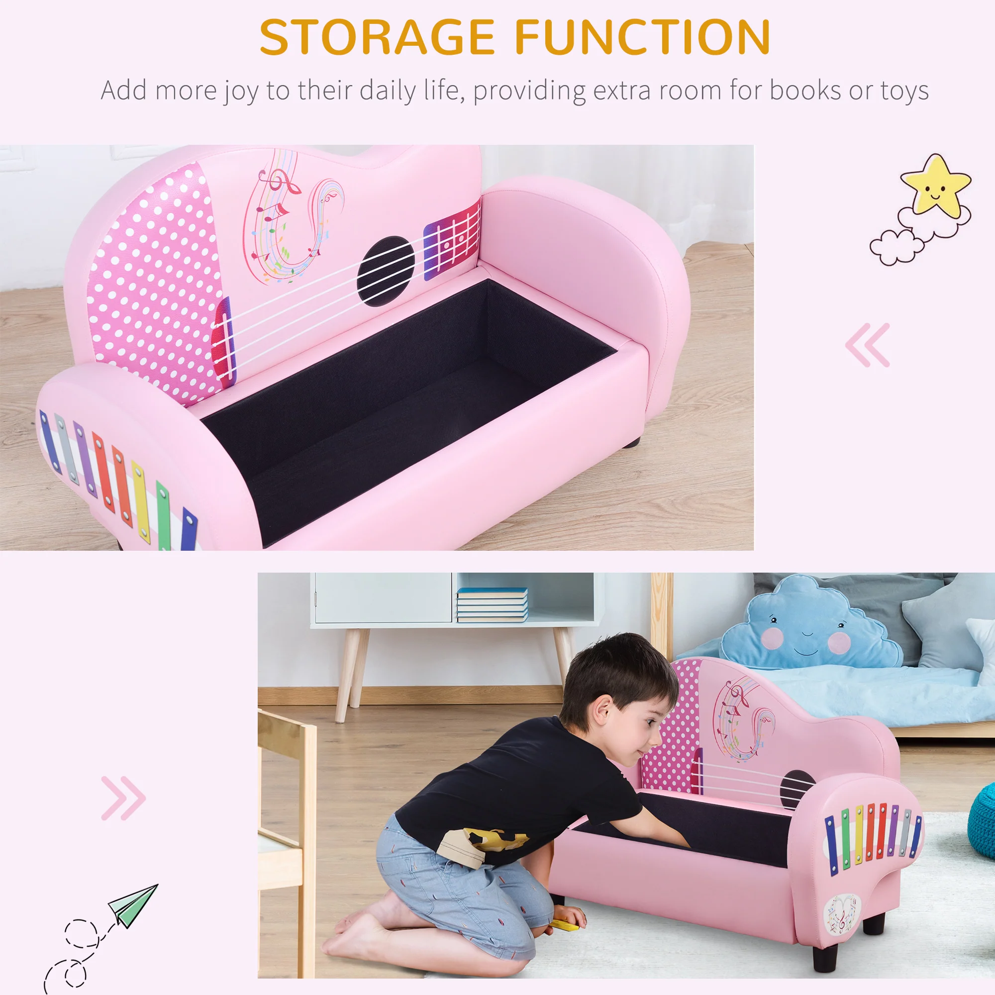 HOMCOM Kids PVC 2-Seater Musical-Theme Sofa Piano Shape Multi-Functional 2 Seats Couch Storage Box Soft Sturdy Pink - Image 5