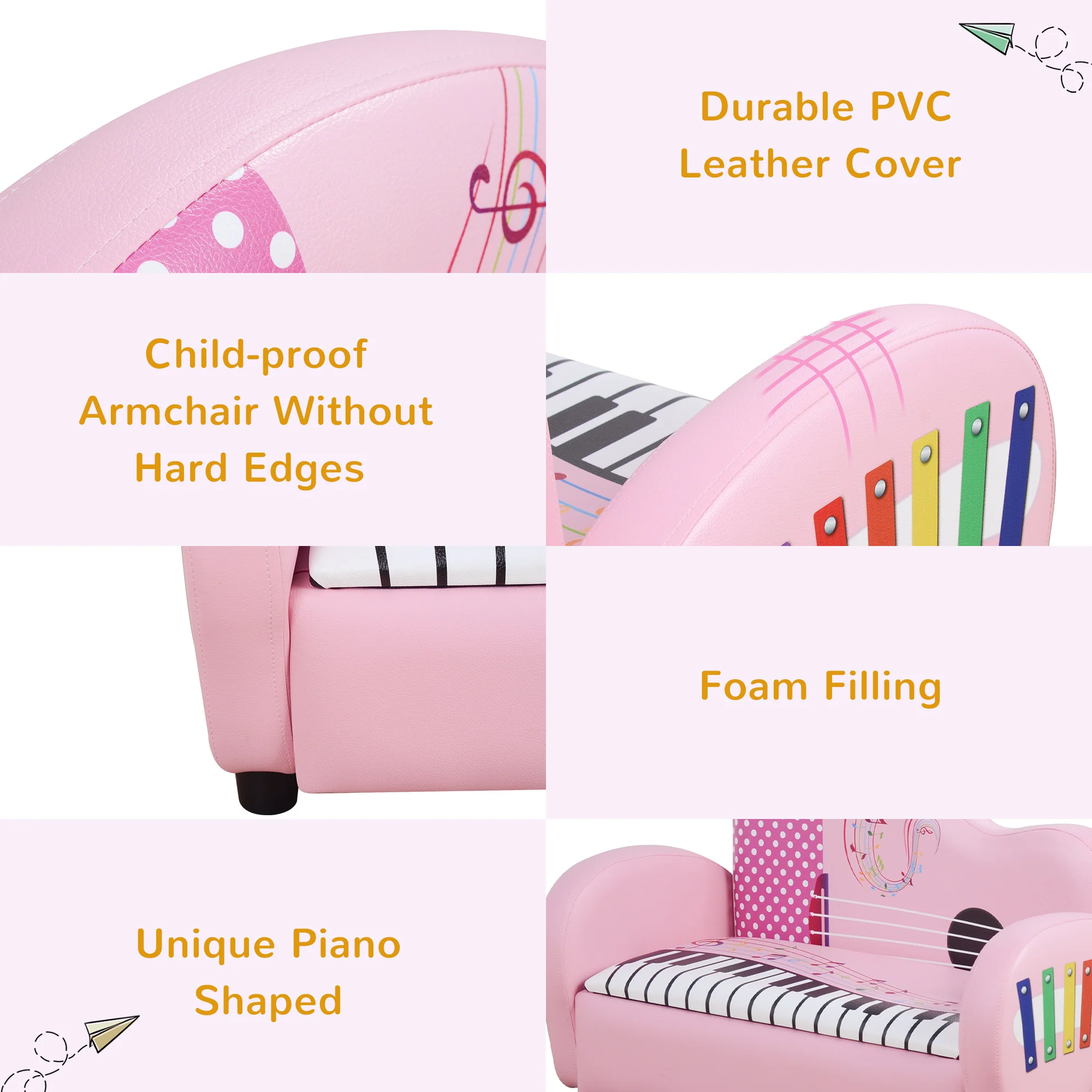 HOMCOM Kids PVC 2-Seater Musical-Theme Sofa Piano Shape Multi-Functional 2 Seats Couch Storage Box Soft Sturdy Pink - Image 6