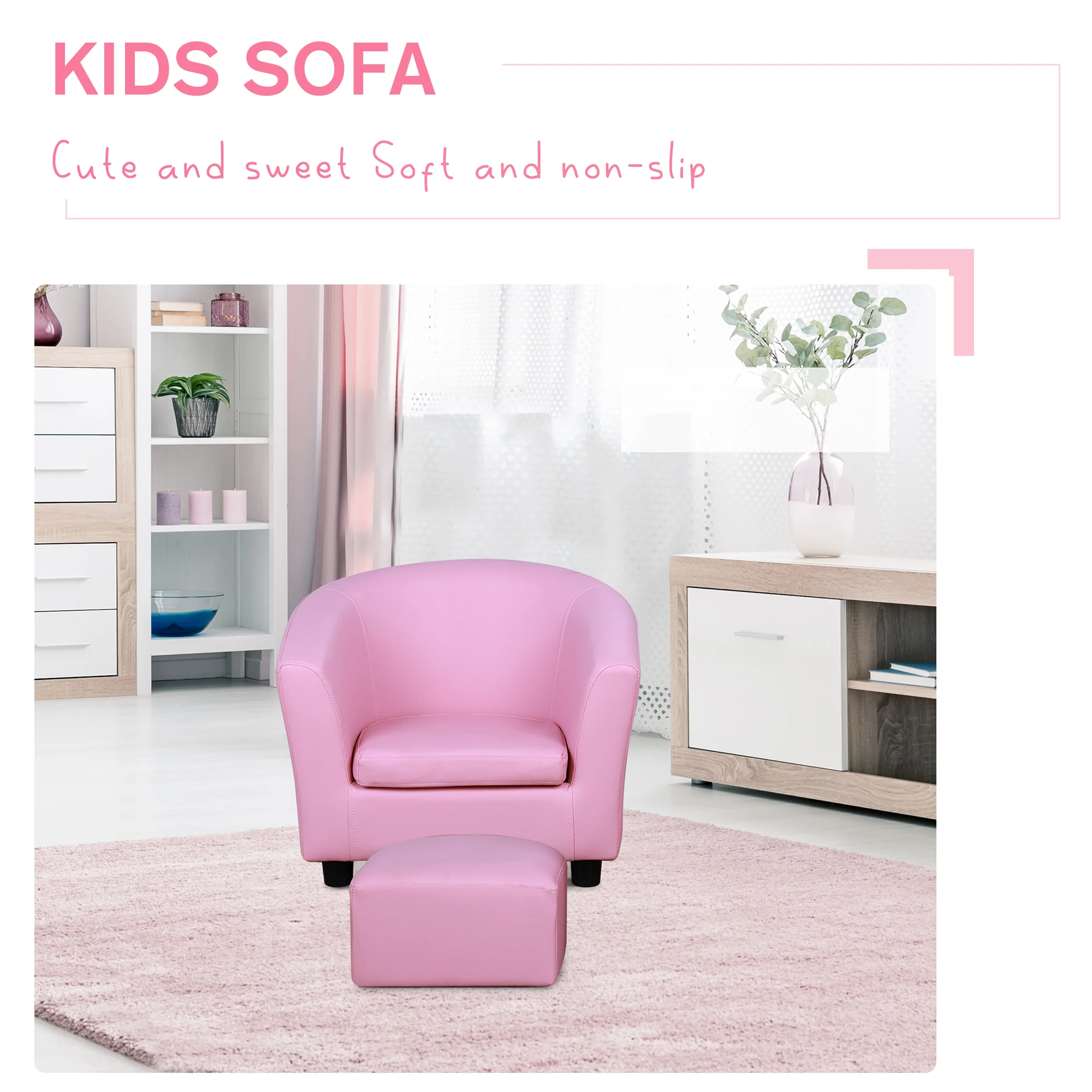 HOMCOM Kids PVC Upholstered Armchair w/ Foot Stool Pink - Image 3