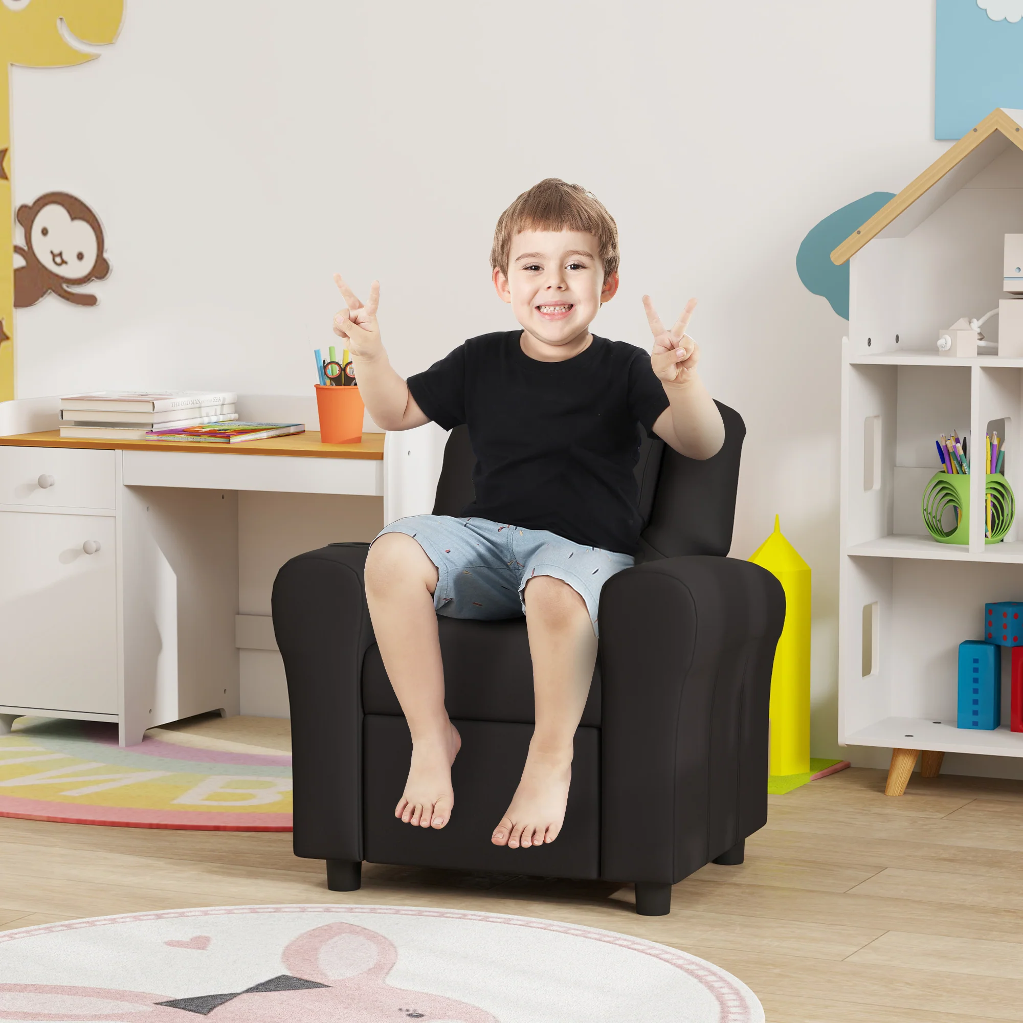 HOMCOM Kids Recliner Chair with Adjustable Backrest and Footrest, Beige - Image 2
