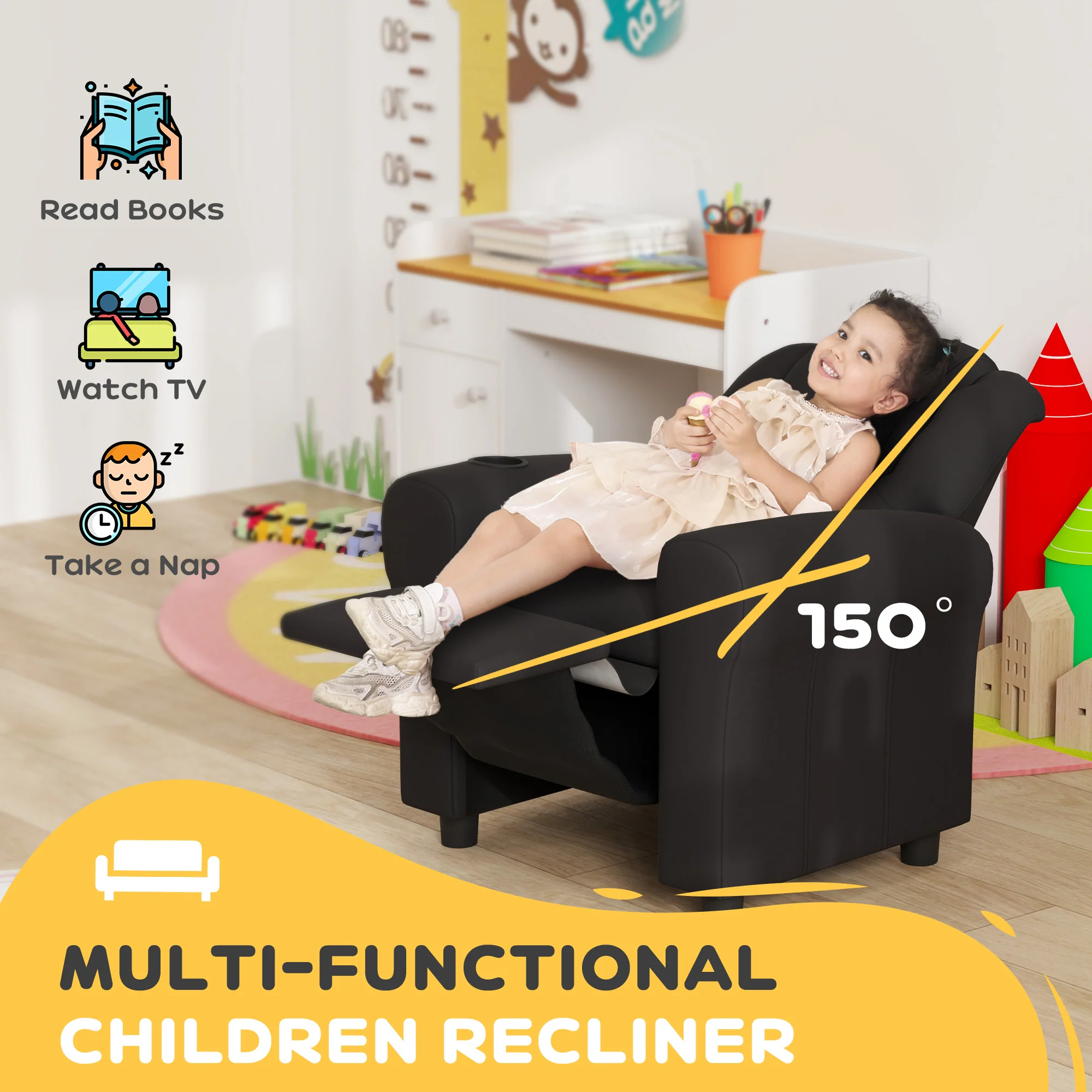 HOMCOM Kids Recliner Chair with Adjustable Backrest and Footrest, Beige - Image 3