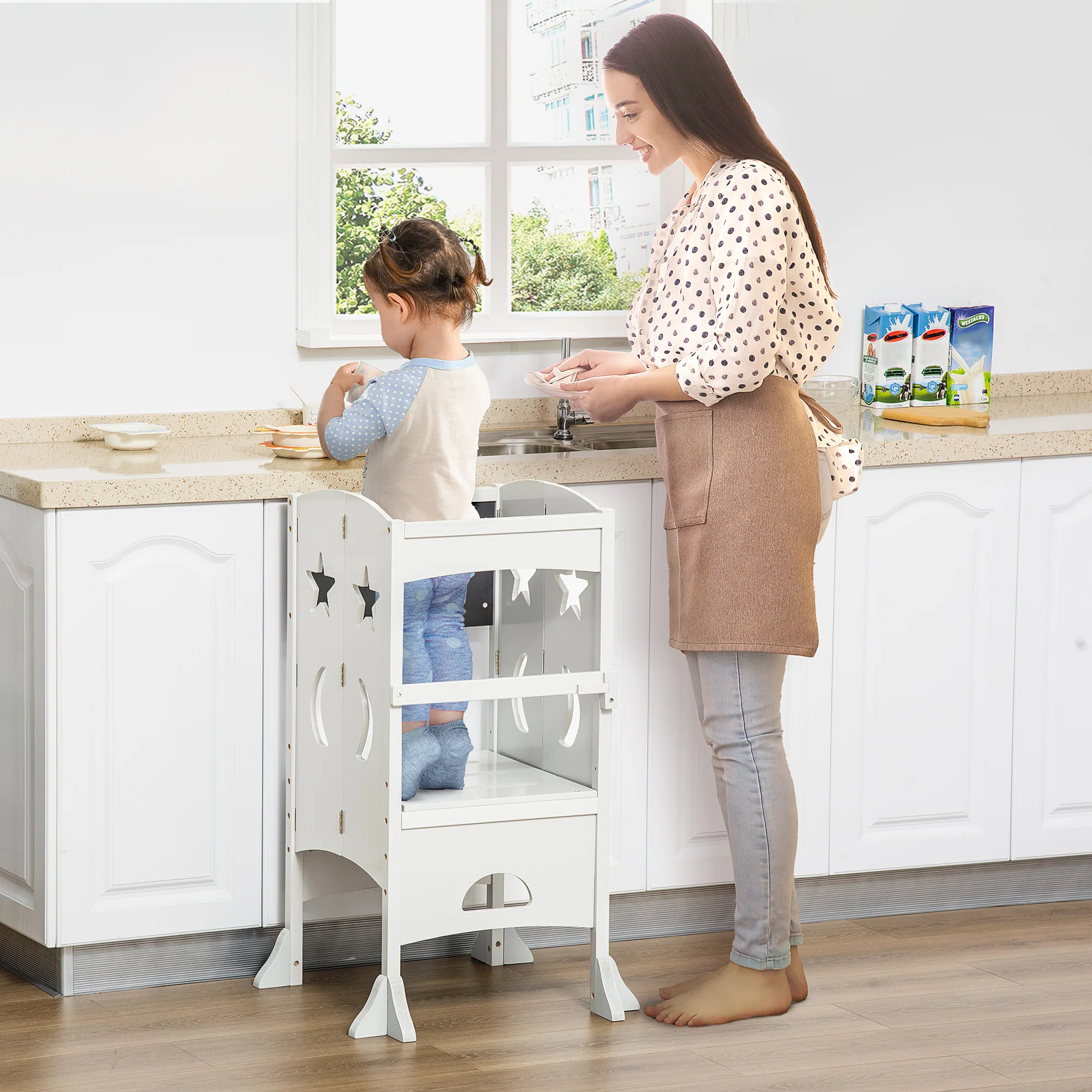 HOMCOM Kids Step Stool Toddler Kitchen Stool with Blackboard Lockable Handrail - Image 2