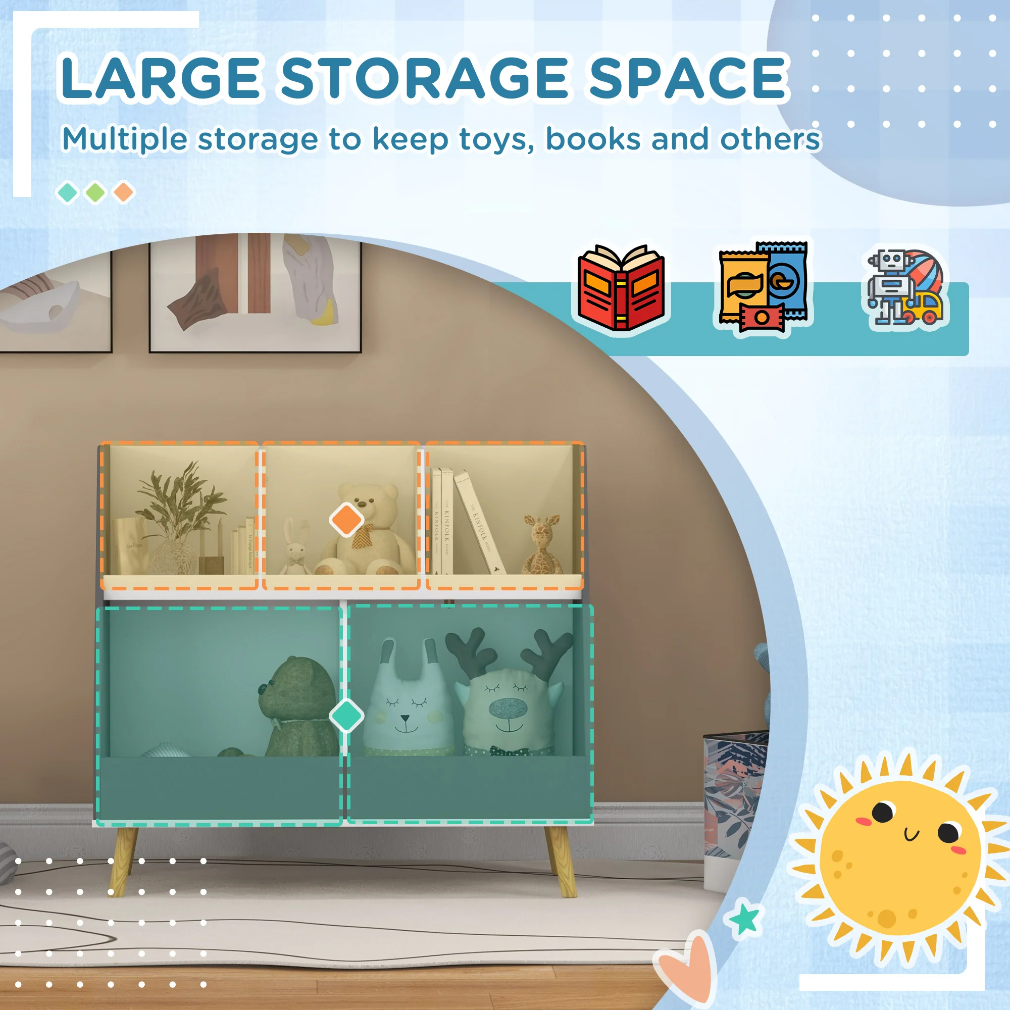 HOMCOM Kids Storage Shelf with 5 Compartments, Anti-Tip Device, Grey - Image 3