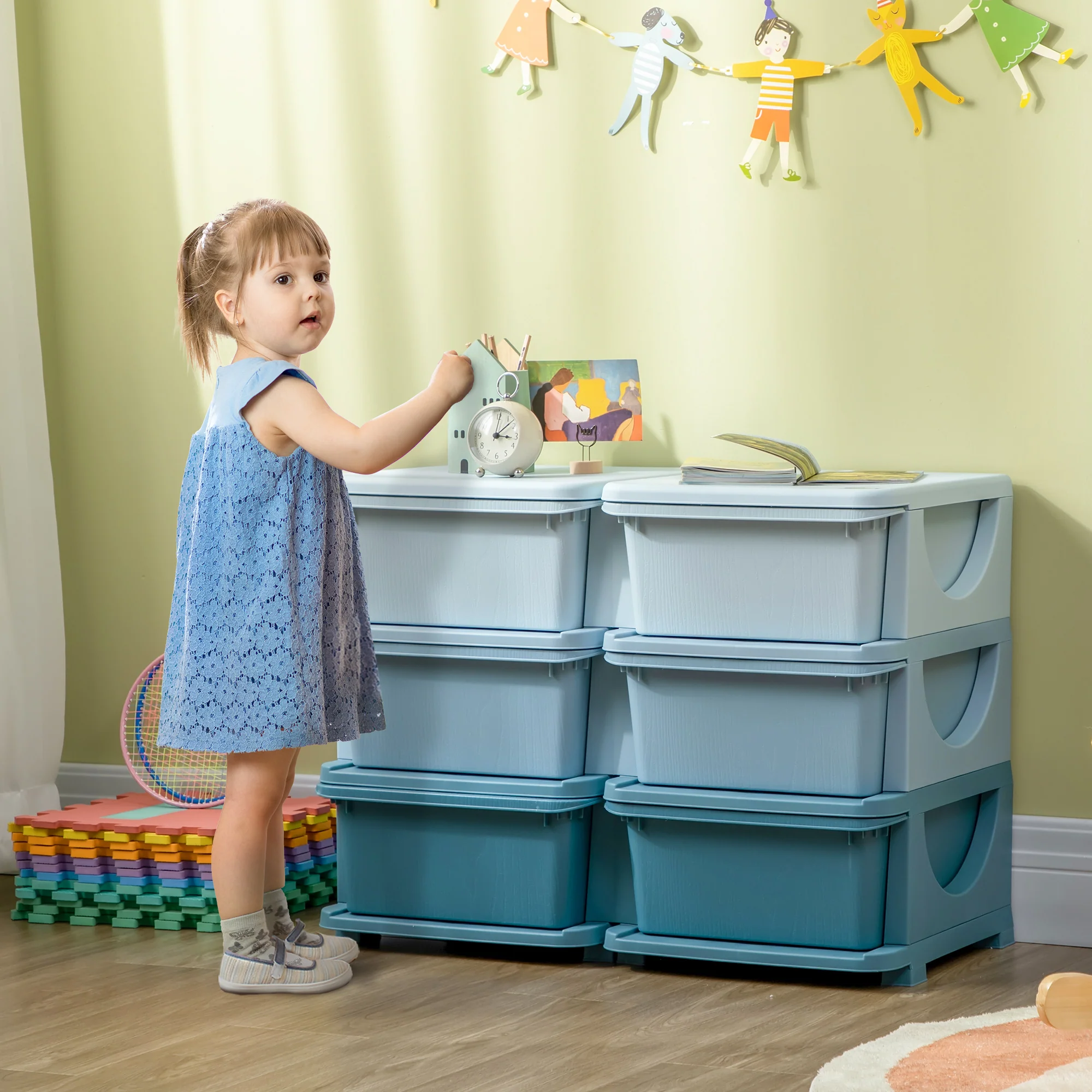 HOMCOM Kids Storage Unit Toy Box Vertical Dresser with Six Drawers - Blue - Image 2