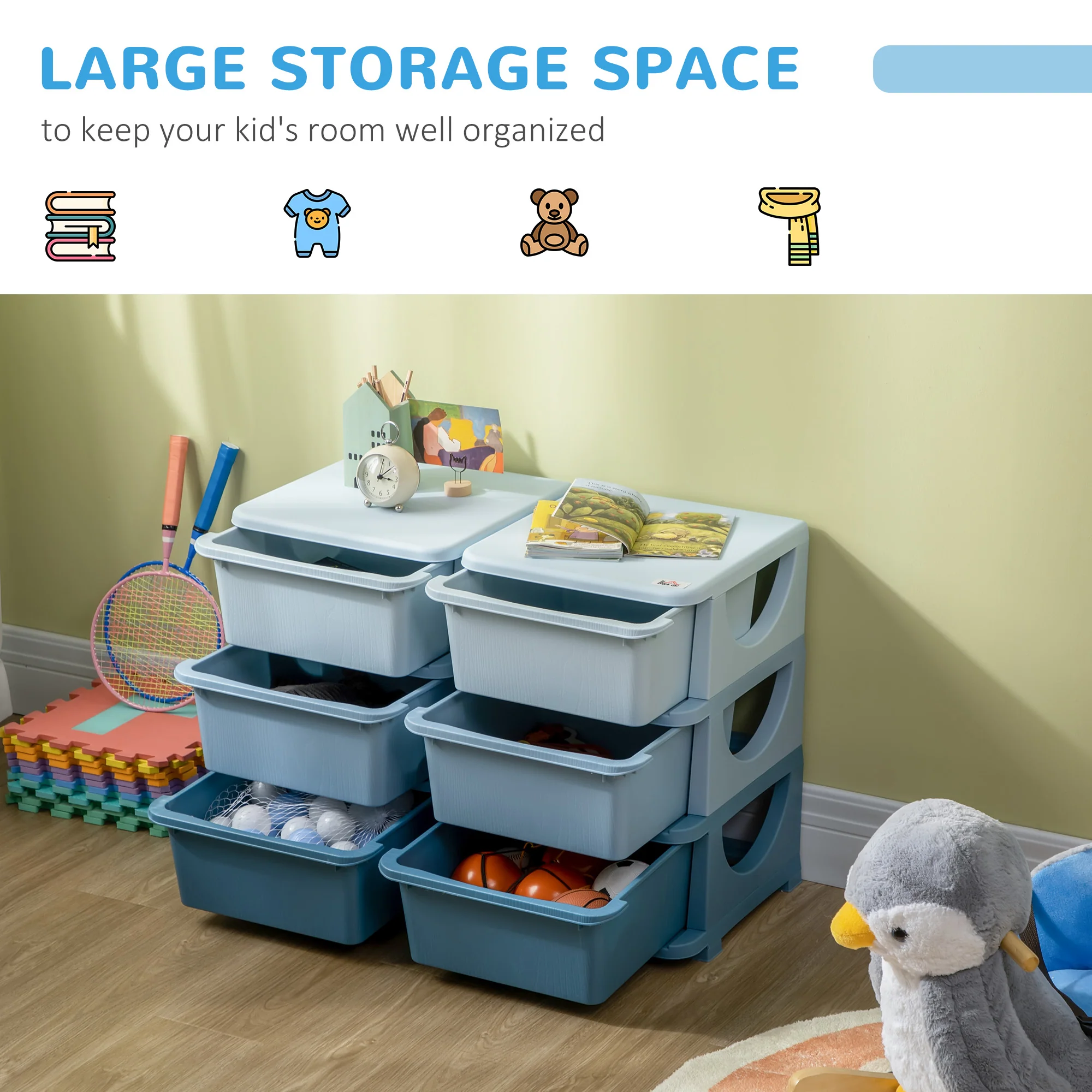 HOMCOM Kids Storage Unit Toy Box Vertical Dresser with Six Drawers - Blue - Image 3
