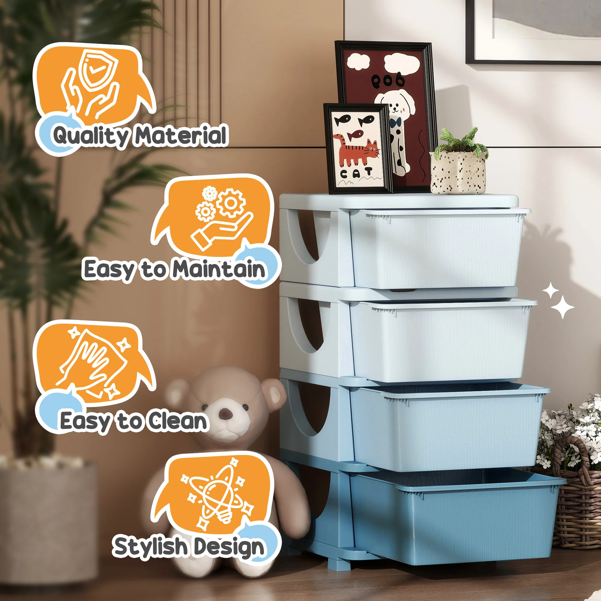 HOMCOM Kids Storage Units With Drawers 4 Tier Chest Dresser Tower - Image 7