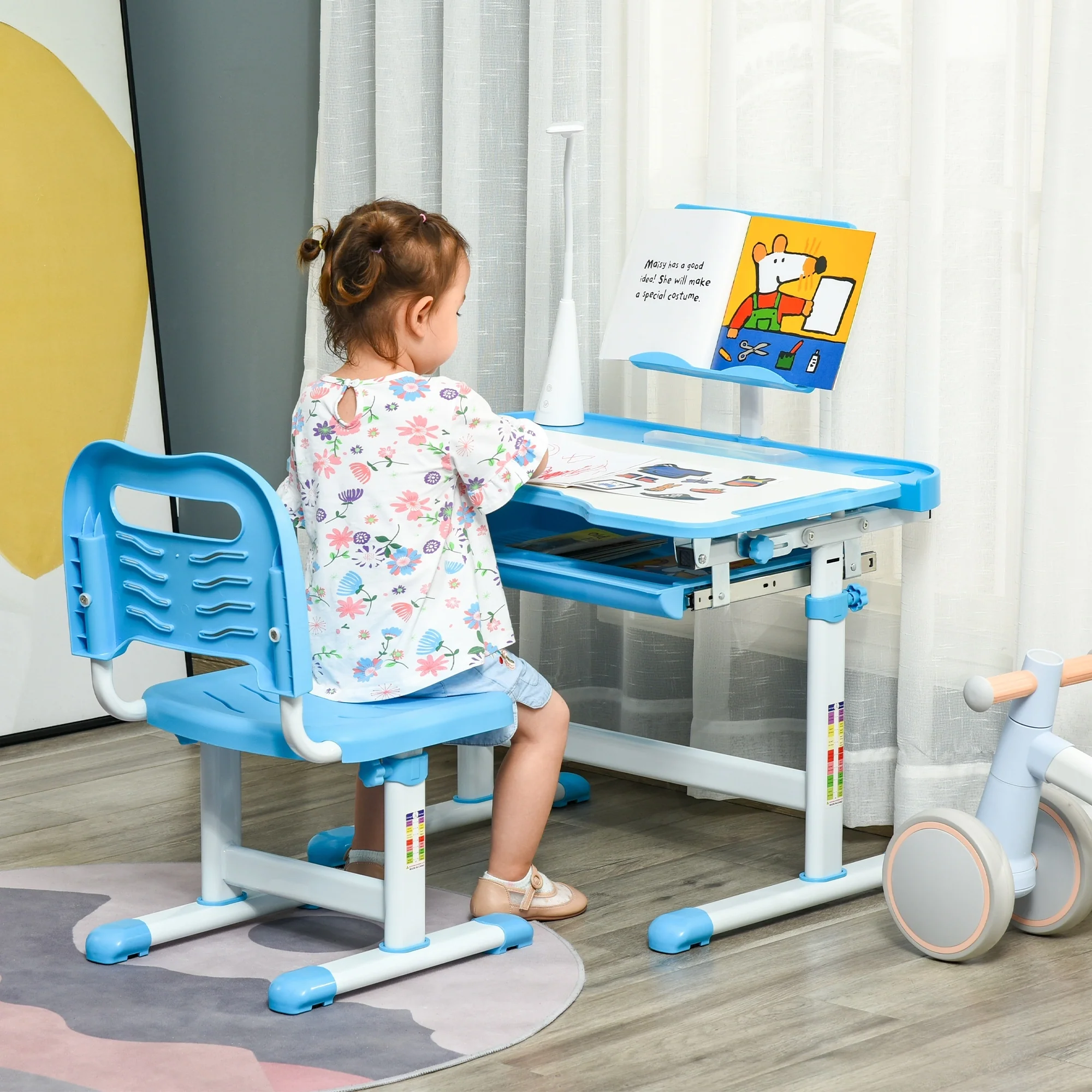 HOMCOM Kids Study Desk and Chair Set w/ USB Lamp, Adjustable Height, Blue - Image 2