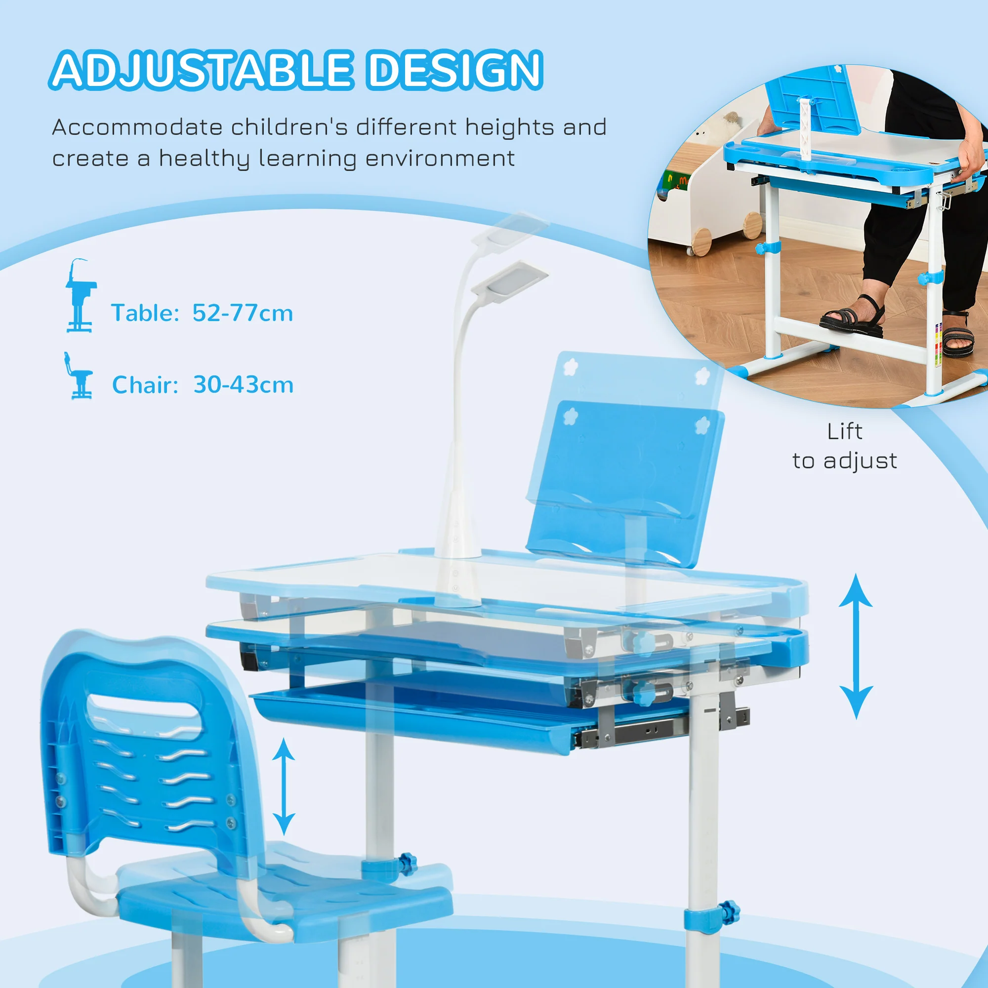HOMCOM Kids Study Desk and Chair Set w/ USB Lamp, Adjustable Height, Blue - Image 3