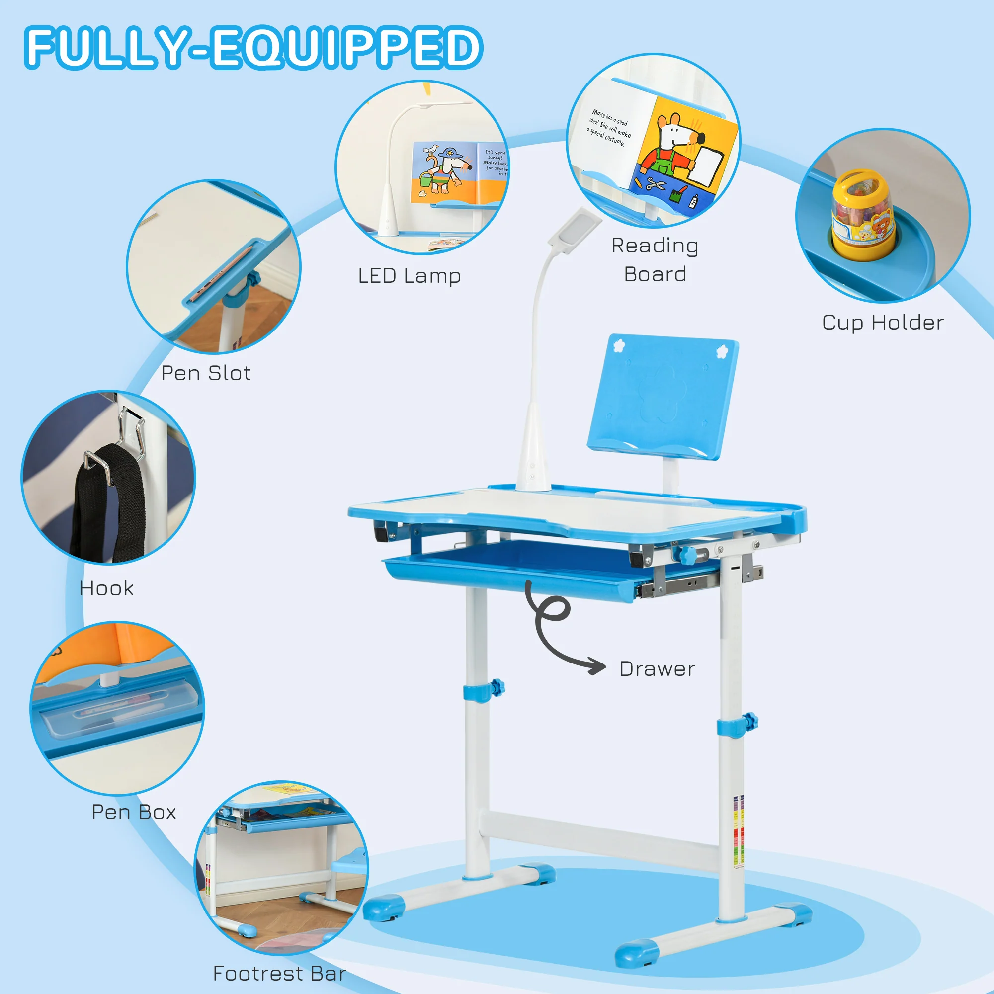 HOMCOM Kids Study Desk and Chair Set w/ USB Lamp, Adjustable Height, Blue - Image 7