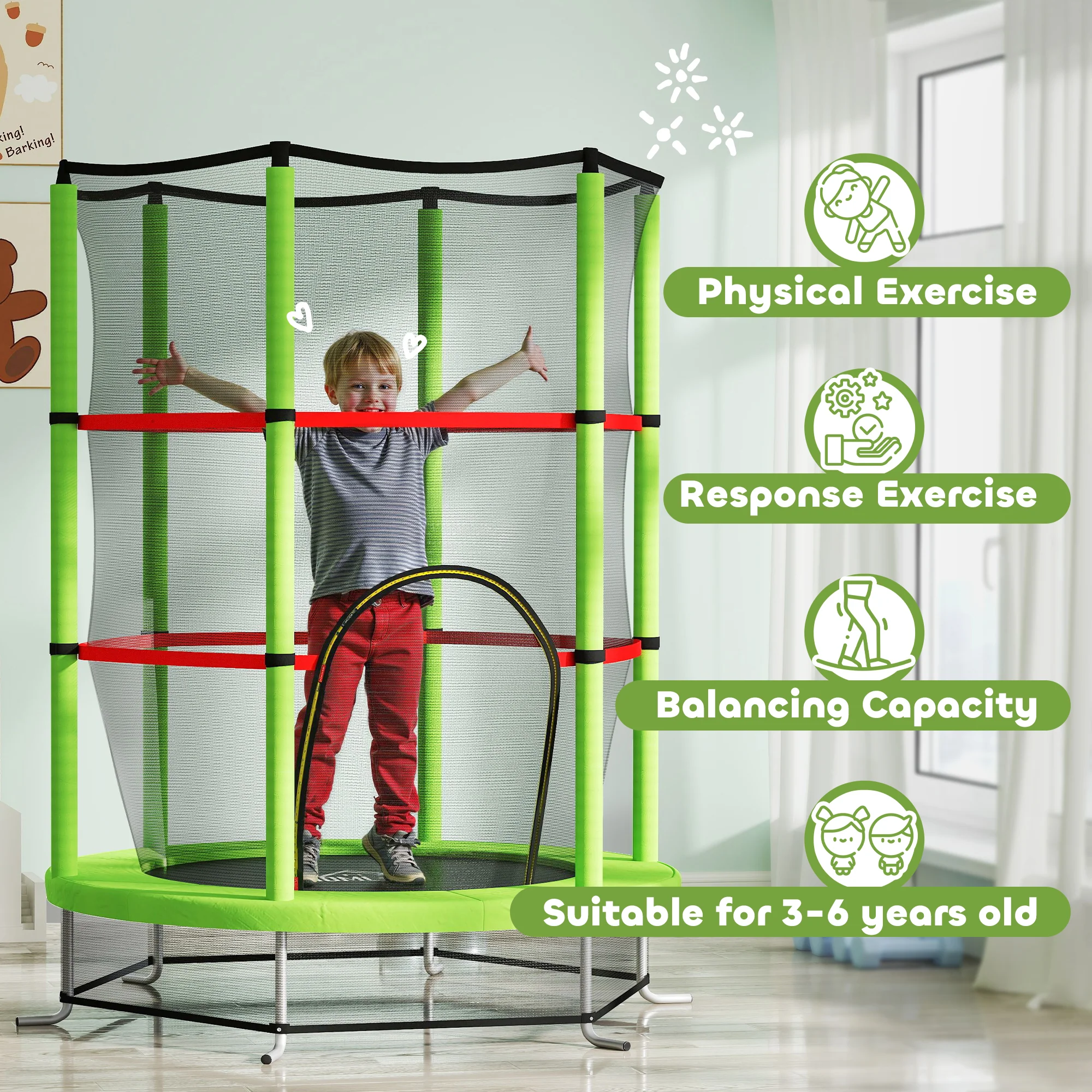 HOMCOM Kids Trampoline Mini Bouncer w/ Enclosure Net for 3-6 Years Green - Image 3