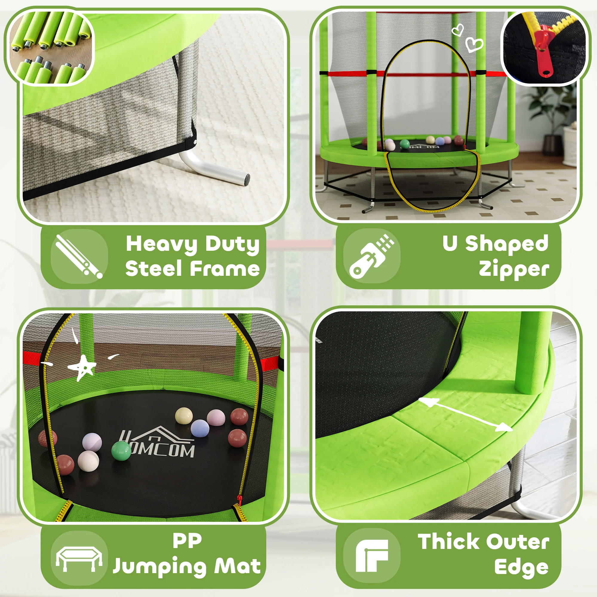HOMCOM Kids Trampoline Mini Bouncer w/ Enclosure Net for 3-6 Years Green - Image 4