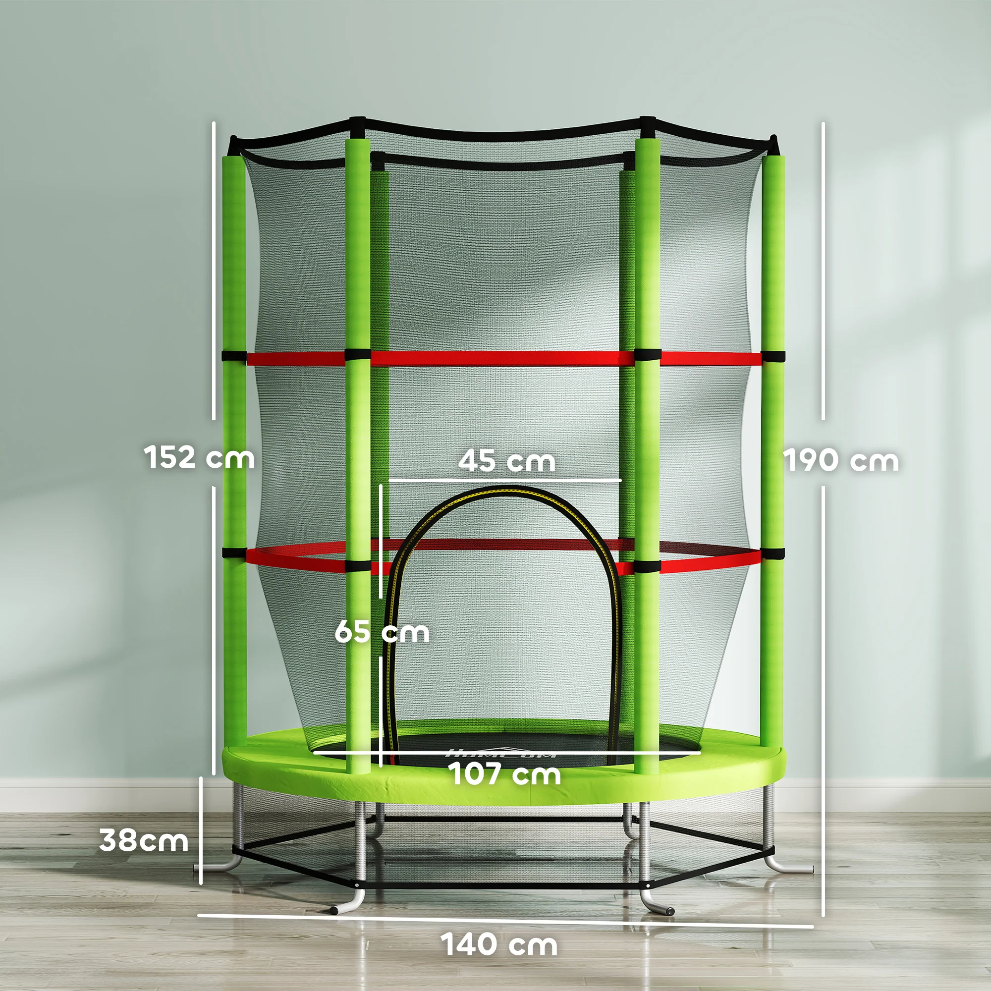 HOMCOM Kids Trampoline Mini Bouncer w/ Enclosure Net for 3-6 Years Green - Image 5