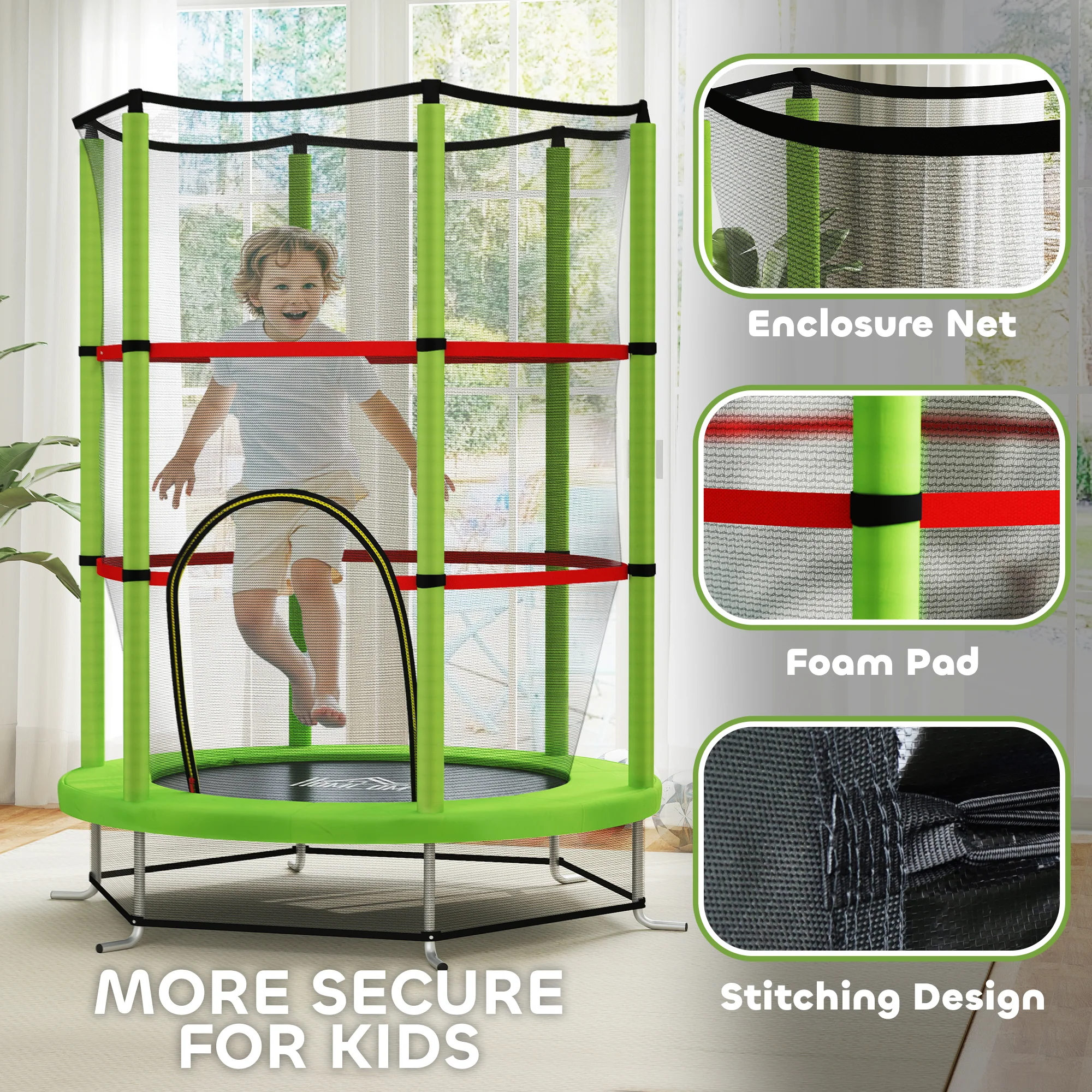HOMCOM Kids Trampoline Mini Bouncer w/ Enclosure Net for 3-6 Years Green - Image 6